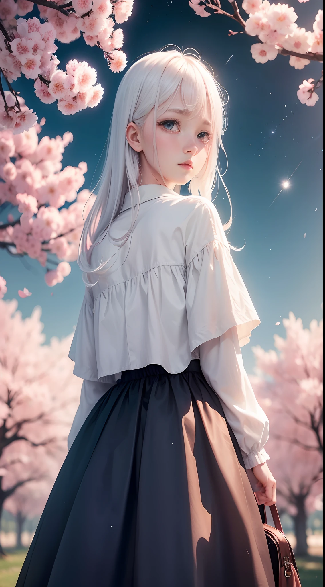 Girl under the cherry blossom tree,White color hair,Melancholy,starrysky,Confused,Absolutely beautiful,streaming tears,miss,Faraway view,ultraclear,open landscape,long skirt
