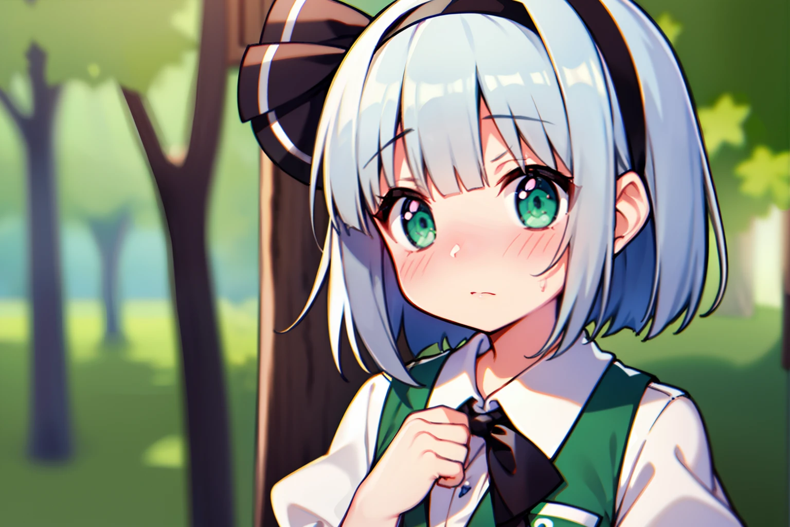 konpaku youmu、Highlights in the eyes、(embarrassed from)、with blush cheeks、shortsleeves、Petite、Green eyes