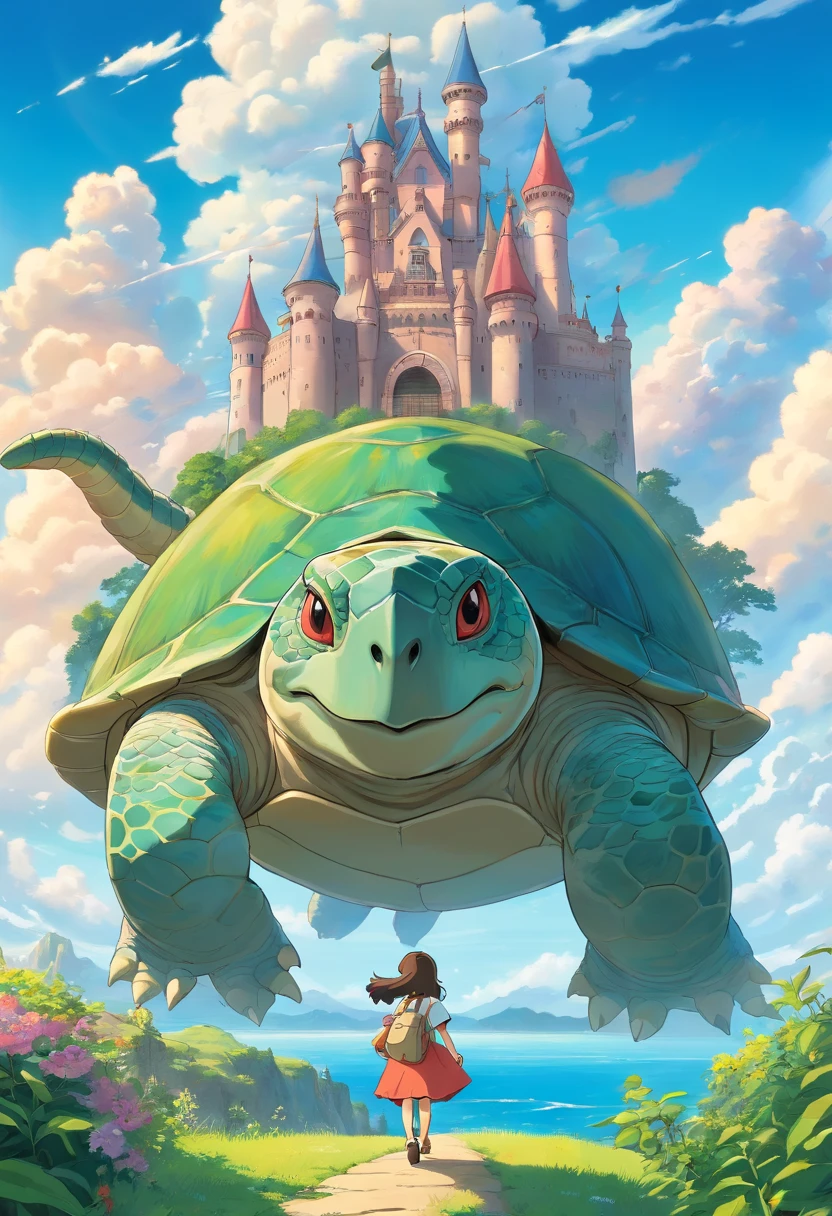 (masterpiece, vibrant, creative, bes quality), a huge castle on a giant turtle, walking across the land, fantasy art, intricate and highly detailed, cloud, blue sky, (ray tracing, global illumination)