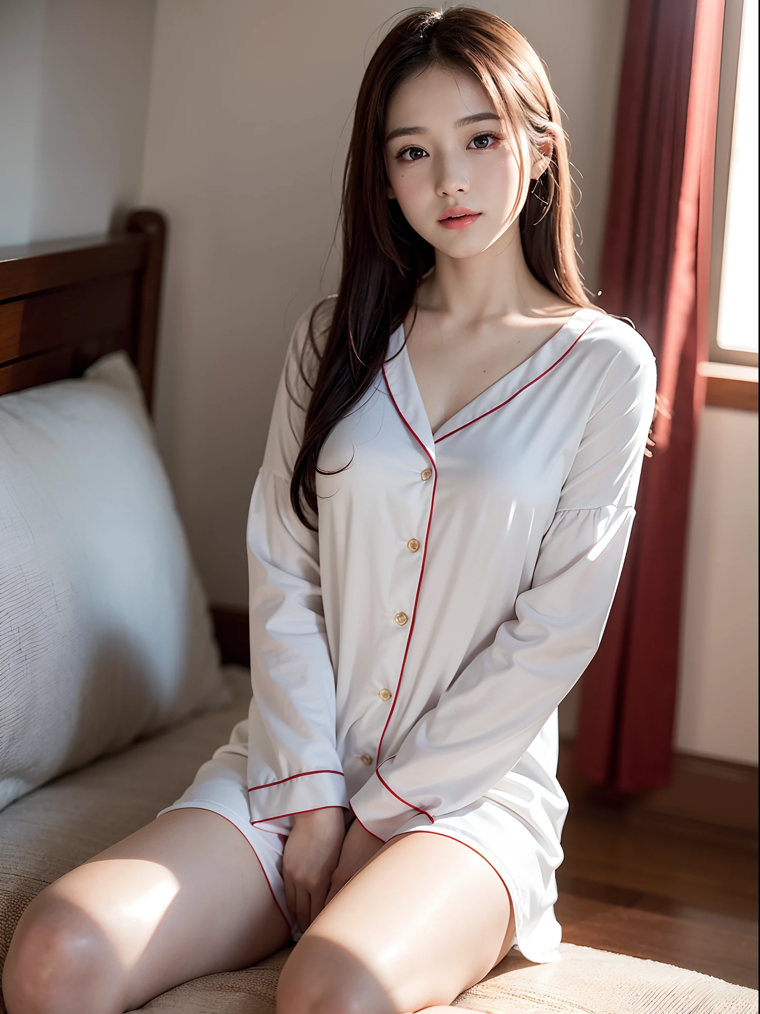 Innocent -yeld gi(Wearing pajamas)、Sitting in the room、A Smile、Raw foto, (8K、Top Quality、masterpiece:1.2)、(delicate detail:1.4)、(Photorealcitic:1.4)、octan render、Complex 3D rendering, Ultra-detail, Studio Soft Light (Studio Soft Light), Rim Light, vibrant details, Super detailing, Realistic Skin Textures, Detail Face, Beautiful detail eyes, Highly detailed CG Unity 16k wallpapers, Makeup-, (detailed background:1.2), shinny skin、turned around、exposed thighs!!!、