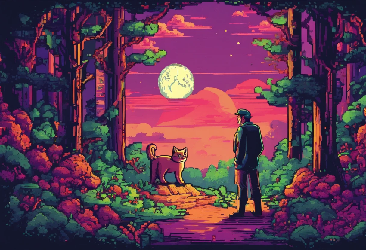 masterpiece, best quality, a fat cat with middle aged man in forest, moon, morning