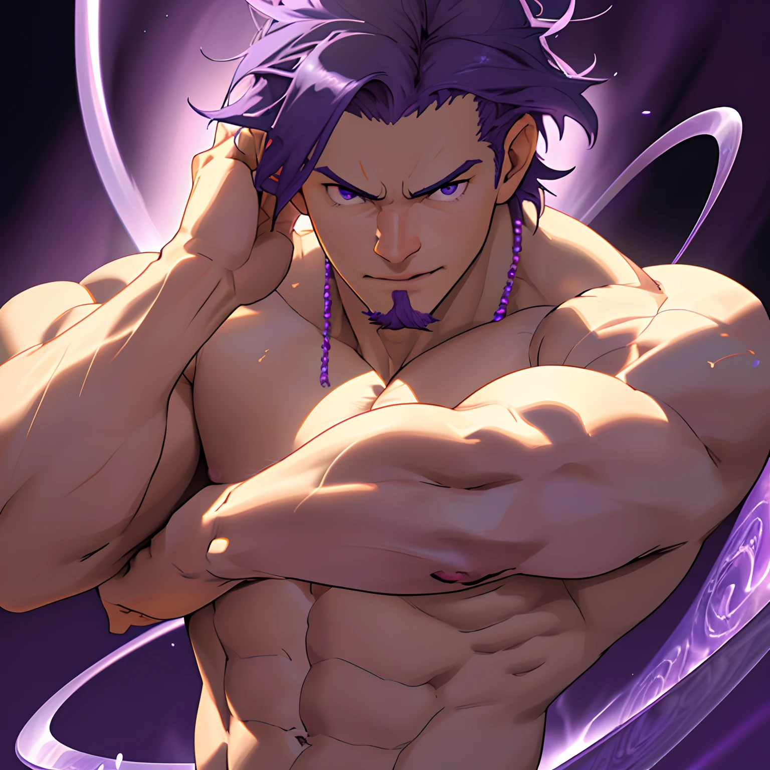 (a strong shirtless man with power emitting from his hand in a purple spiral like haki),highres,ultra-detailed,realistic,physically-based rendering,sharp focus,studio lighting,vivid colors,bokeh,portraits