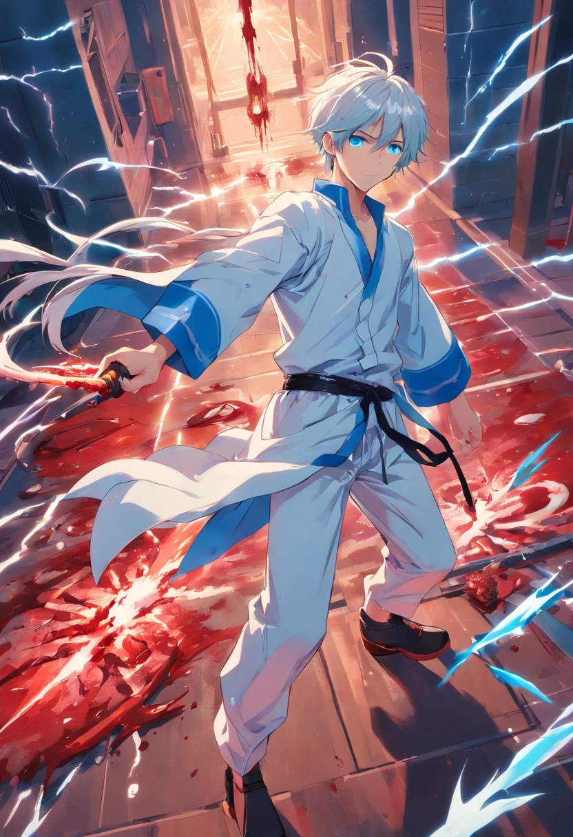 A young teenage man with long, white hair, with vibrant blue eyes, a white outfit smeared with blood around him, a pile of dead bodies and a pool of blood, and in his hand a sword of lightning bolts;