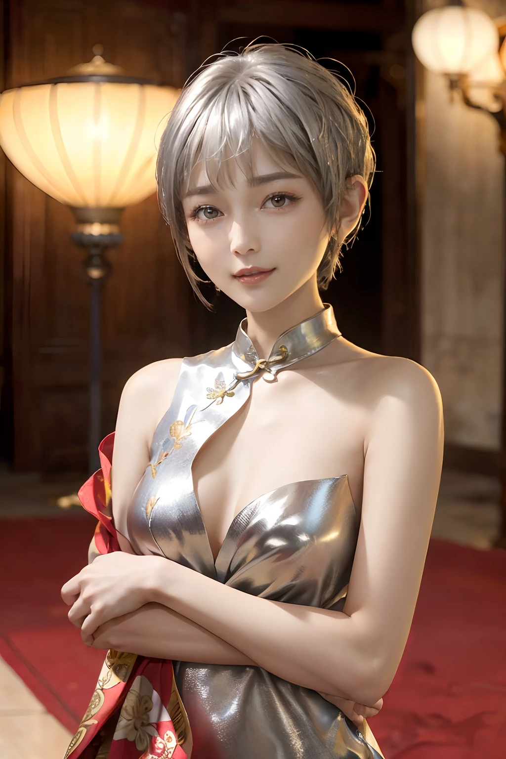 ((top-quality、8K、​masterpiece:1.3)), (Cute pattern of gold leaf,  Delicate workmanship), (red Cheongsam:1.5), Clear, Fine-grained skin、Beautiful clear eyes、cleavage of the breast、Carefree and natural smile、(a pixie cut,Silver hair:1.5)、(Hair disheveled in the wind:1.3)、、Beautiful girl with a smile、(thin-waist:1.3)、(Dynamic and provocative poses:1.2)、