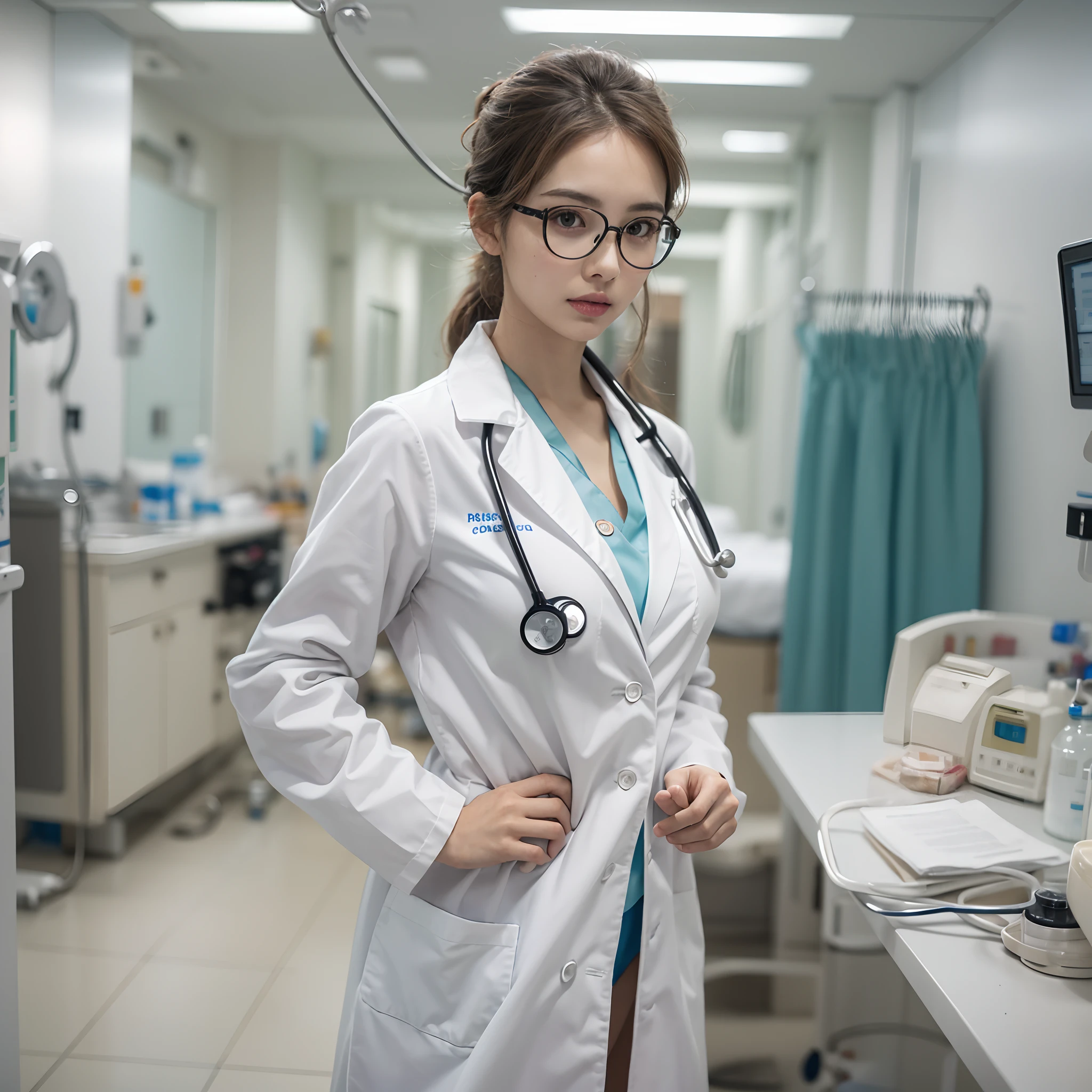 One girl, A girl dress as a doctor on the hospital room, hospital doctor, emergency room, wearing long white coat, doctor coat, big boobs, gigantic boobs, busty, cleavage exposed, very sexy outfit, stethoscope on her neck, high resolution, high quality picture, proportional body, accurate body proportion, no extra limb, accurate fingers, arafed female doctor, medical doctor, doctor, wearing lab coat and a blouse, (doctor), wearing a white lab coat, healthcare worker, wearing lab coat, wearing a labcoat, wearing a white hospital gown, wearing a lab coat, with a stethoscope, local conspirologist, with a lab coat, white coat, doctor at hospital