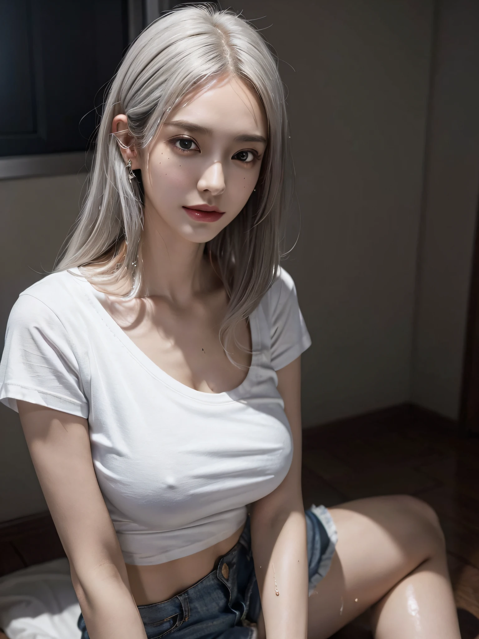 (very huge round breasts:1.6), (full body:1.3), (white bronze hair:1.3), ( t-shirt in small shorts:1.4), (wet:1.2), extremely delicate and beautiful, masterpiece, Best Quality, ultra high resolution, 16k, Photorealistic, ultra-detailed, Very detailed CG 8k wallpaper, Beautiful Lighting, Perfect Lightning, Realistic Shadows, anatomically correct, Detailed shiny skin, perfect figure, Latino, late 20s, Slim body, Slim abdomen, small head, handsome detailed woman, very detailed eyes and face, realistic face proportions, Stunning detailed eyes, Realistic small beautiful face, Realistic small beautiful eyes, double eyelids, makeup, tearful mole, mole on chest, earring, short wavy hair, cleavage, bare legs, Soft midriff, Fine Collarbone, beautiful and very thin legs, beautiful and very thin thighs, bare shoulders, bare legs, at hospital