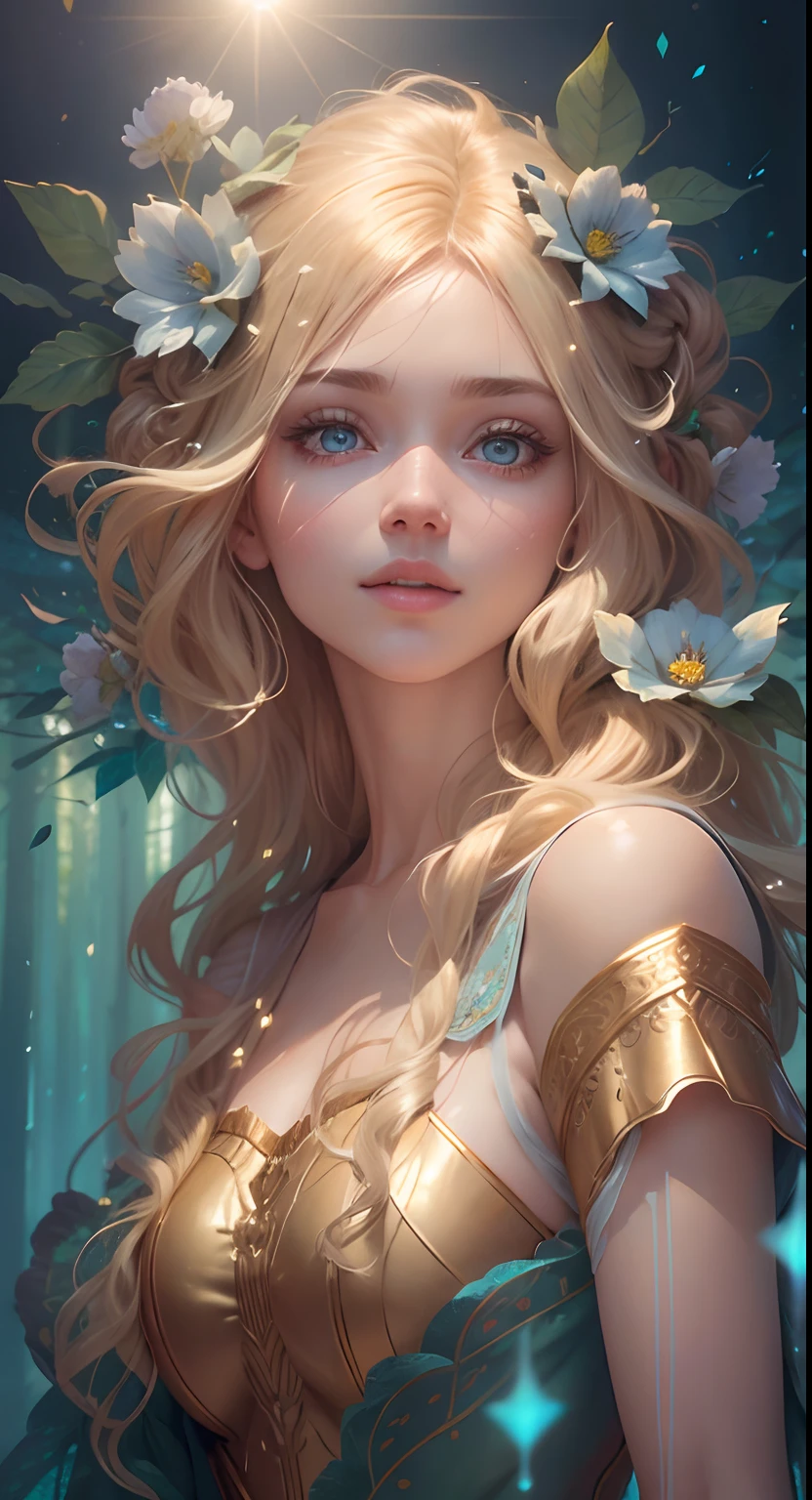 Fantasy, Palace Gardens, Fountains, German appearance, rapunzel, Girl 2, with long golden hair, in a light pink 16th century princess dress., Green eyes, expressive , face looks like Florence Pugh. HD