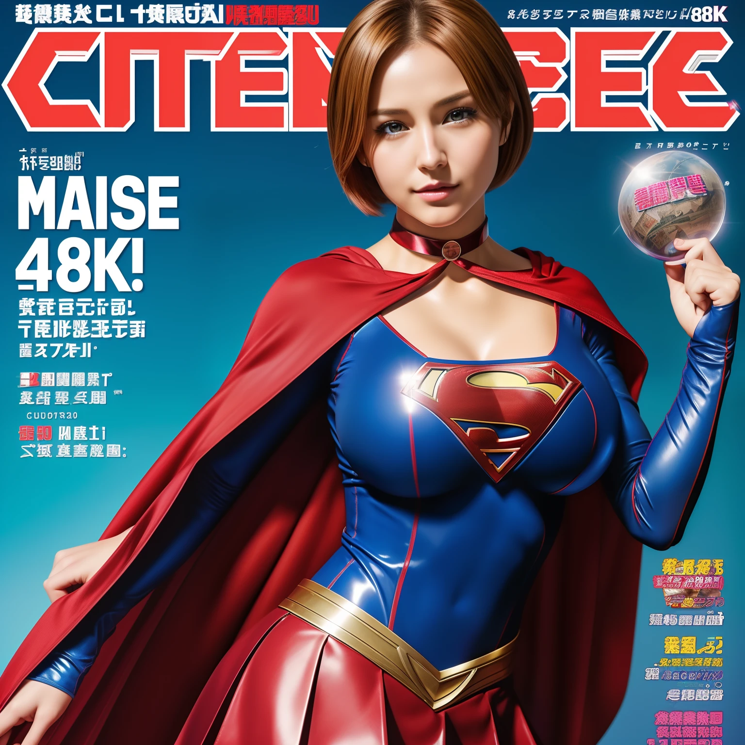 (Best Quality,4K,8K,hight resolution,masutepiece:1.2),Ultra-detailed,Realistic:1.37,Super masterpiece,Short-haired Supergirl、large full breasts、Looking at the camera、Glossy costume、a choker、Too short miniskirt、Magazine covers、Weekly Magazine