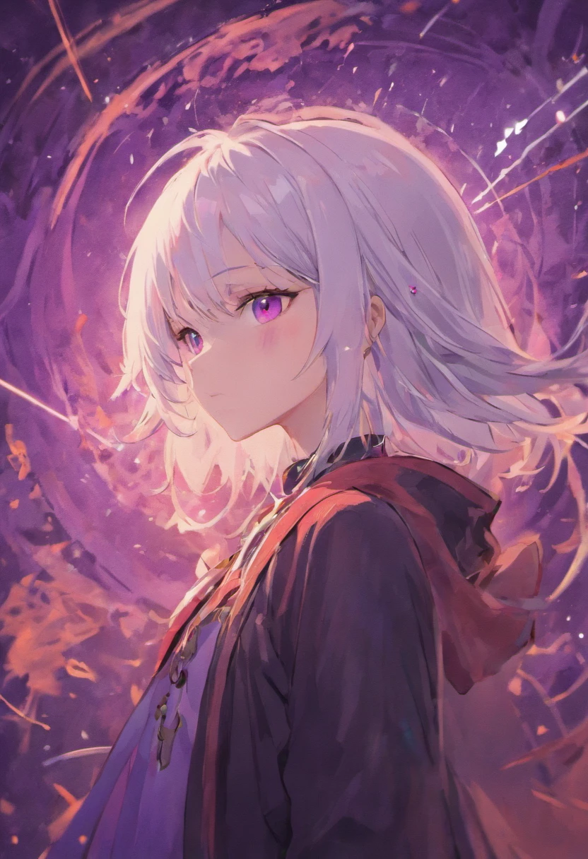 White hair,young male,Black and red suit,Purple pupils,whaite hair,magister,magic hat