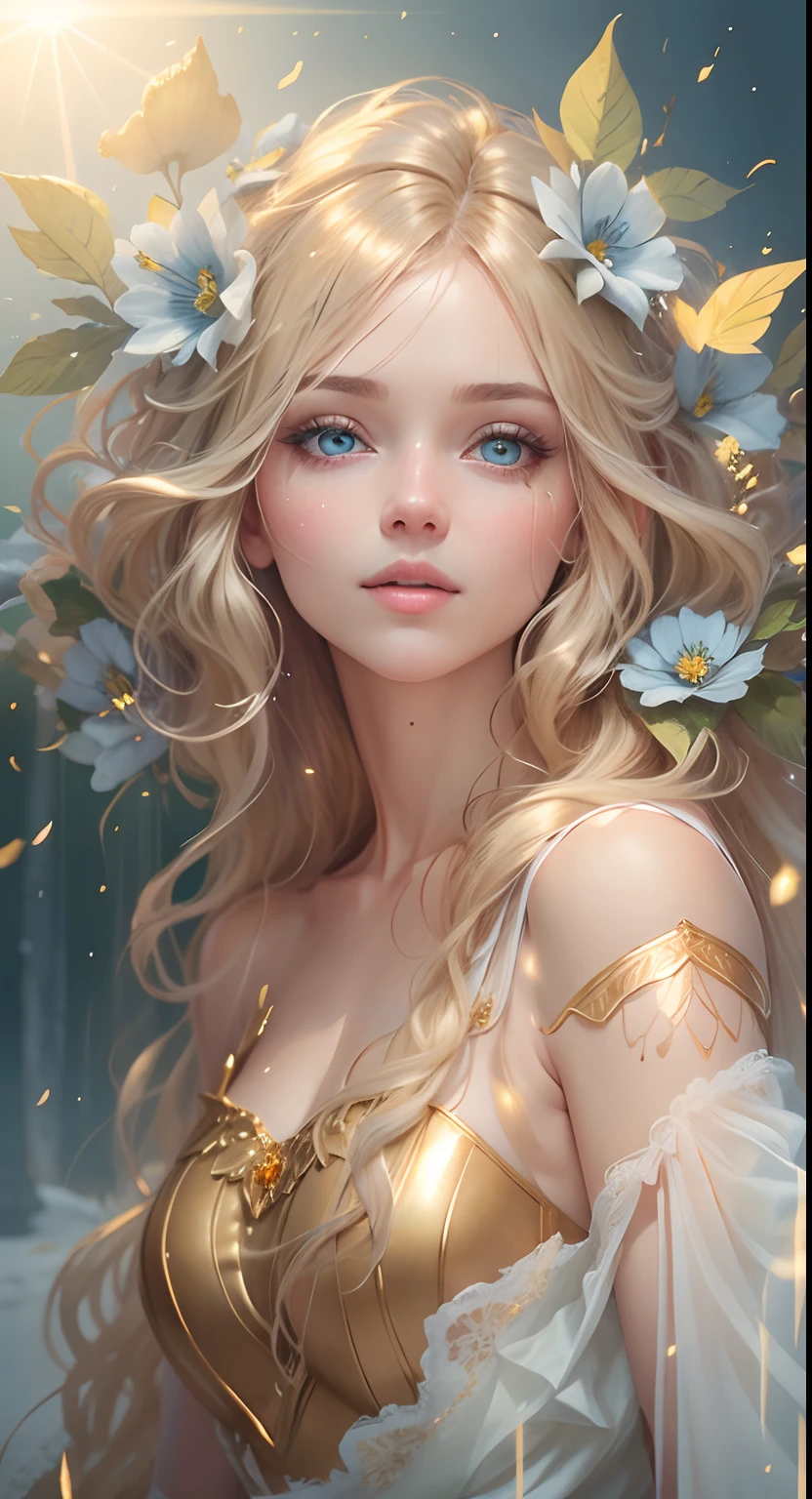 A graceful golden-haired forest queen, dew and frost, bar lighting, stands in a sunlit clearing in winter, her hair cascading down her back, as butterflies and dandelion spores flutter around her, Beautiful Woman full head-to-toe portrait, medium full shot Portrait, perfect detailed face, detailed symmetric blue-green eyes with circular iris soft natural lighting, symmetrical, natural skin texture, soft lighting, detailed face, photorealism, soft pastel colors sparkling, looking into the camera, frosty snowy background, photorealistic painting, sharp focus, 8k, perfect composition, trending on artstation, award-winning photograph, unreal engine 5, cinematic smooth, intricate detail, studio photo, highly detailed. simple background, gold filigree dress hyper-detail, gesturing to the sun, flowing golden gown, nice body, {{full body}}, Davinci, hair with dew and frost, sunlit, sparkles all over gown, and frost, hyper-detailed dress and hair, pink blue and yellow butterflies.