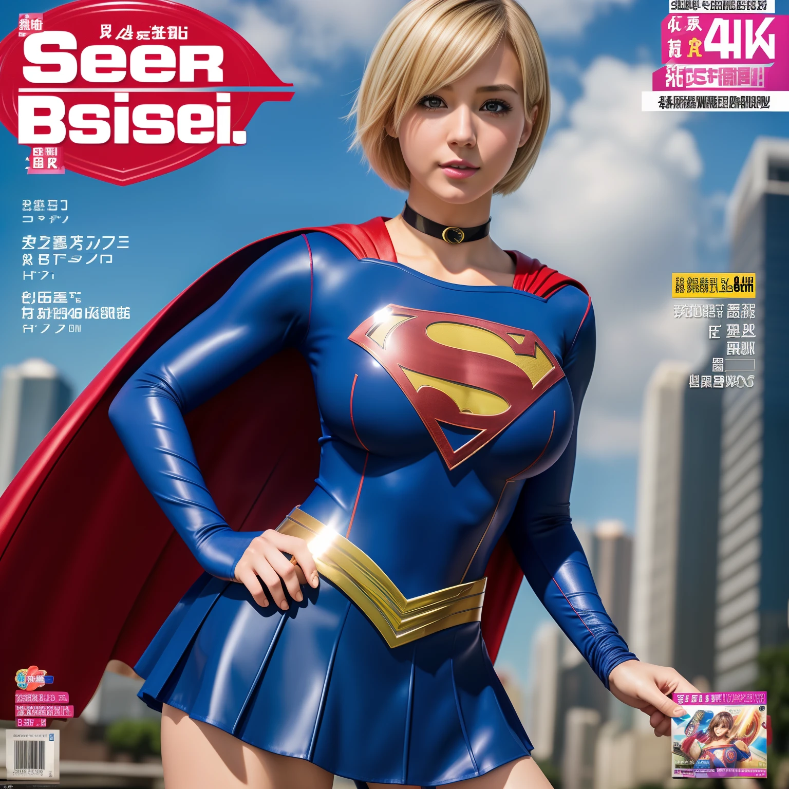 (Best Quality,4K,8K,hight resolution,masutepiece:1.2),Ultra-detailed,Realistic:1.37,Super masterpiece,Short-haired Supergirl、large full breasts、Looking at the camera、Glossy costume、a choker、Too short miniskirt、Magazine covers、Weekly Magazine