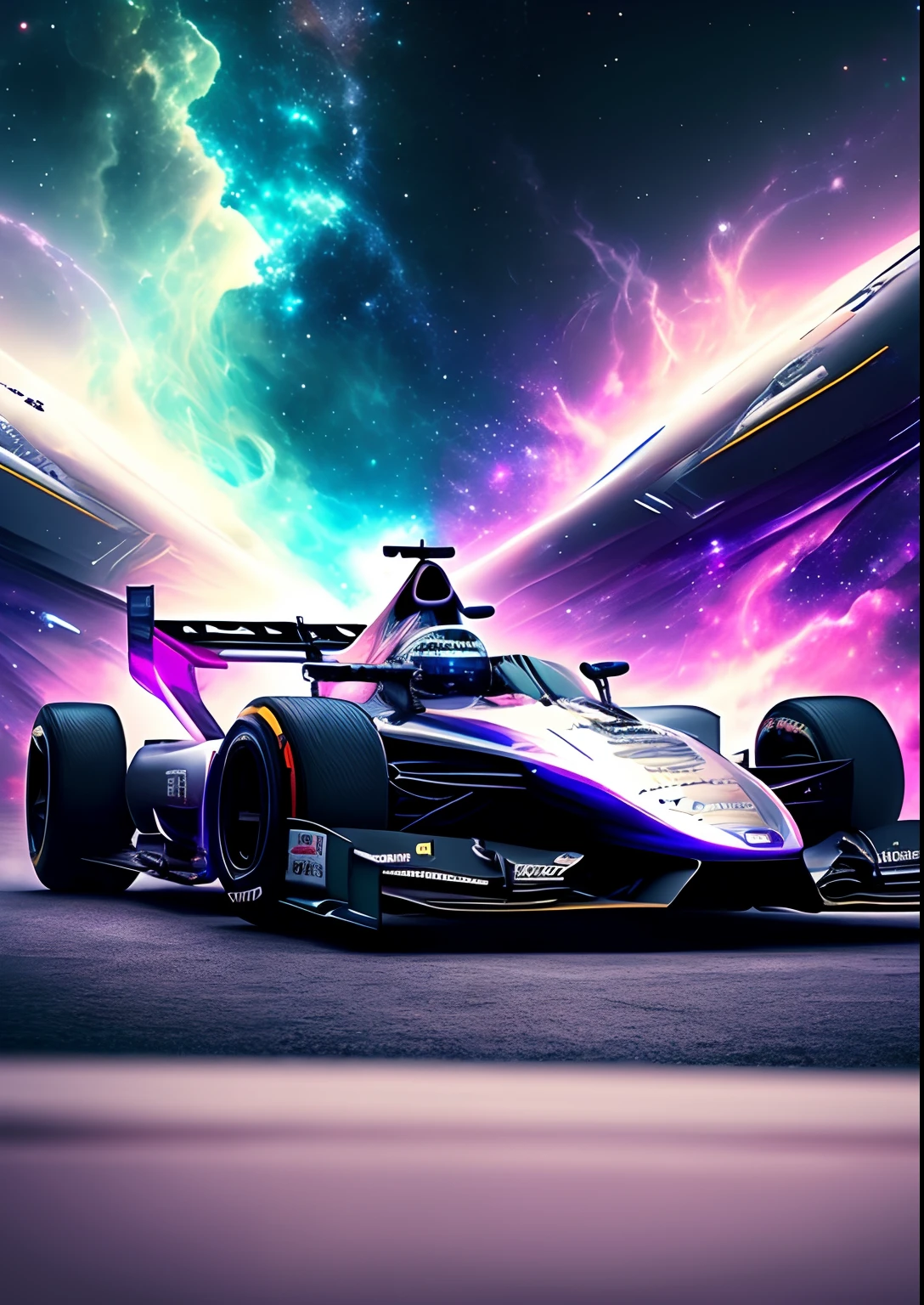 dreamlikeart, galaxy, outer space, nebula, star, [cyberpunked] Formula 1 cars from the stars. (star:1.5),