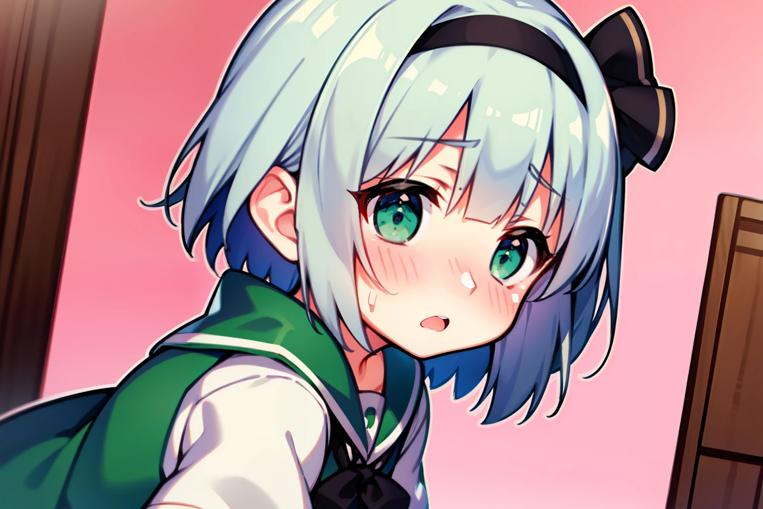 konpaku youmu、beautiful countenance、Highlights in the eyes、(embarrassed from)、with blush cheeks、shortsleeves、Petite、Green eyes