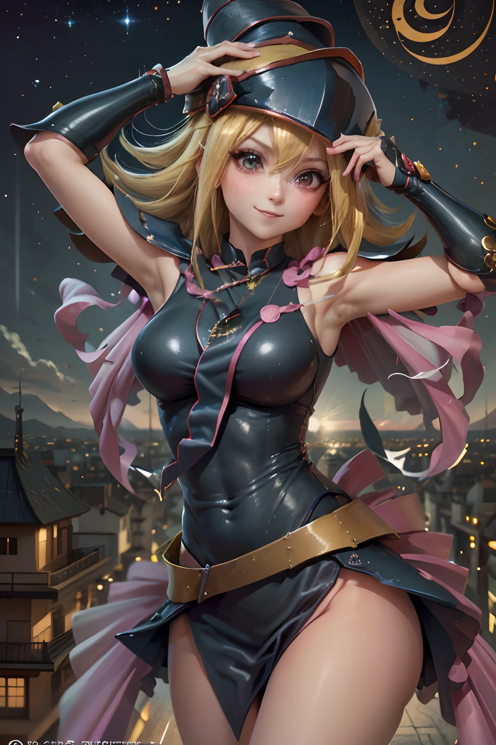 absurdos, high resolusion, Ultra-detallado, Dynamic Angle, cinematic lighting, (Desde arriba),(bird 's-eye view),(Vista posterior), QUEBRAR, NFFSW,((The Most Popular and Highest-Quality Manga Illustrations of the 2020s)) ,(Masutepiece, La mejor calidad), absurdos, high resolusion, 8k,(Antecedentes detallados), QUEBRAR, "(dark magician girl con un kimono (Ropa Cheongsam) & (vestido:1) :1.2),((1 chica linda)), (Lori: 1.2),Hermosos ojos, Stand on beautiful eyes, Cejas sonrientes,(They are smiling:1.5),(Cabello largo rubio:1.5),(The color of the girl's eyes is blue:1.2),(sonrisa brillante:1.3),(boca abierta:1.1)," QUEBRAR, ((succubus),(Alas del diablo),(orejas de elfo),escote, hombros,Alas grandes):1.5, QUEBRAR, (Castillo del Diablo),(Noche:1.5),(Mezquita azul),(al aire libre),(fantasy:1.2), QUEBRAR, (Modernismo, barroco):1.2, Dark Magician Girl with Japanese pouring