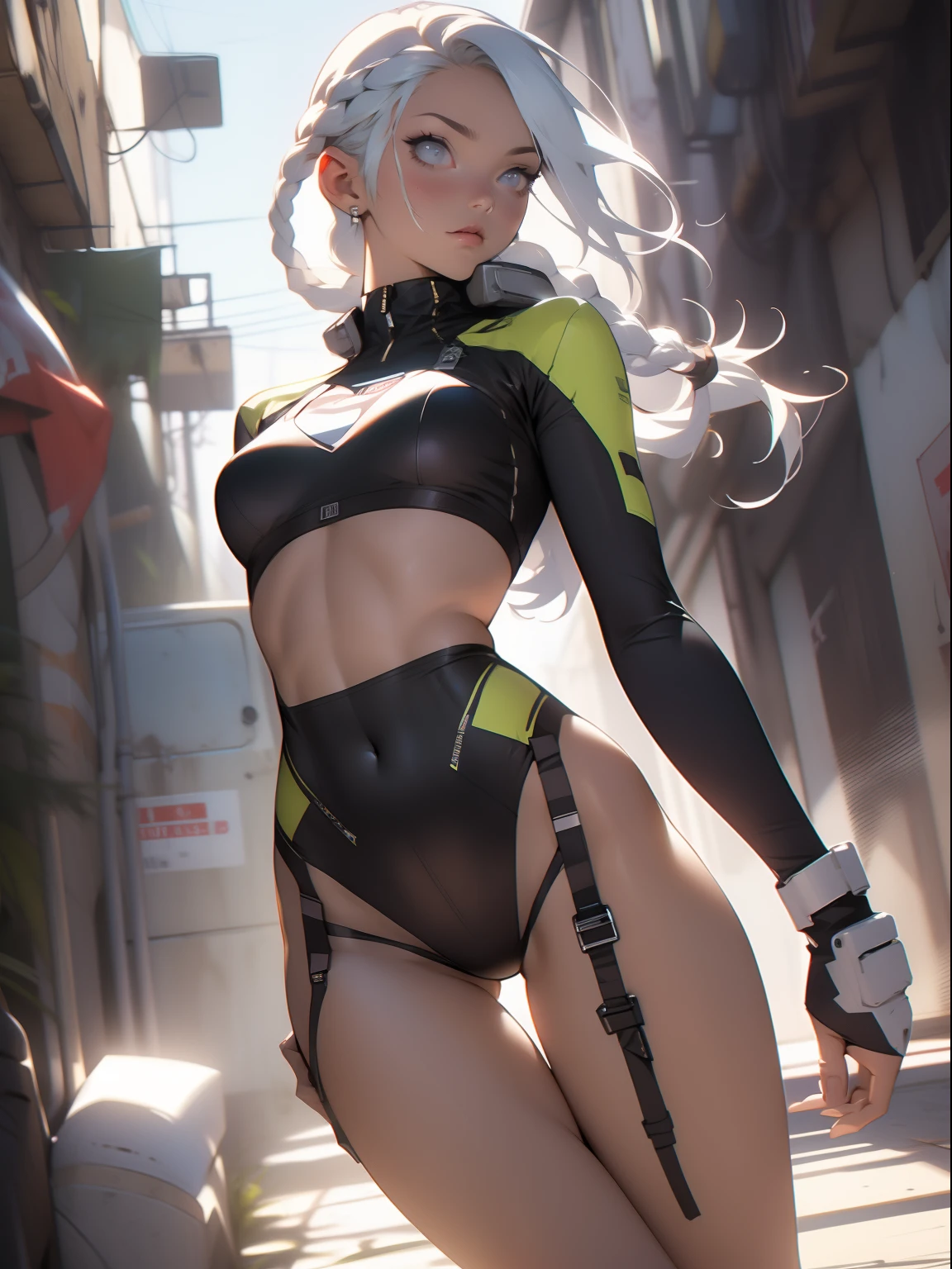 ((Best quality)), ((masterpiece)), (detailed: 1.4), (Absurd), War-ready female fighter pilot with military bikini, Marine, dark skin, defined sculpted body, full body, bare thighs, closed mouth, cyberpunk, semi naked, generous neckline, ((perfect medium breasts)), (super light blue eyes without pupils), (((military camouflage bikini)), (((white hair with braid)))), long eyelashes heavy makeup, garter belt, by mucha, niji --V5, close to real, psychopathic, perfect face, sexy pose, background with a giant head, 2 piece clothing, pastel, centered, scale to fit the dimensions, HDR (High Dynamic Range),Ray Tracing, NVIDIA RTX,Super-Resolution,Unreal 5,Subsurface Dispersion, PBR Texture, exposed belly, Post-processing, Anisotropic filtering, Depth of field, Maximum clarity and sharpness, Multilayer textures, Albedo and specular maps, Surface shading, Accurate simulation of light-material interaction, Perfect proportions, thigh gap, Octane Render, Two-tone lighting, Wide aperture, Low ISO, White balance, Rule of thirds, 8K RAW, bright crysisnanosuit bikini, thigh gap, nice hips, bikini panties, perfect legs, synthwave bikinis, bare arms