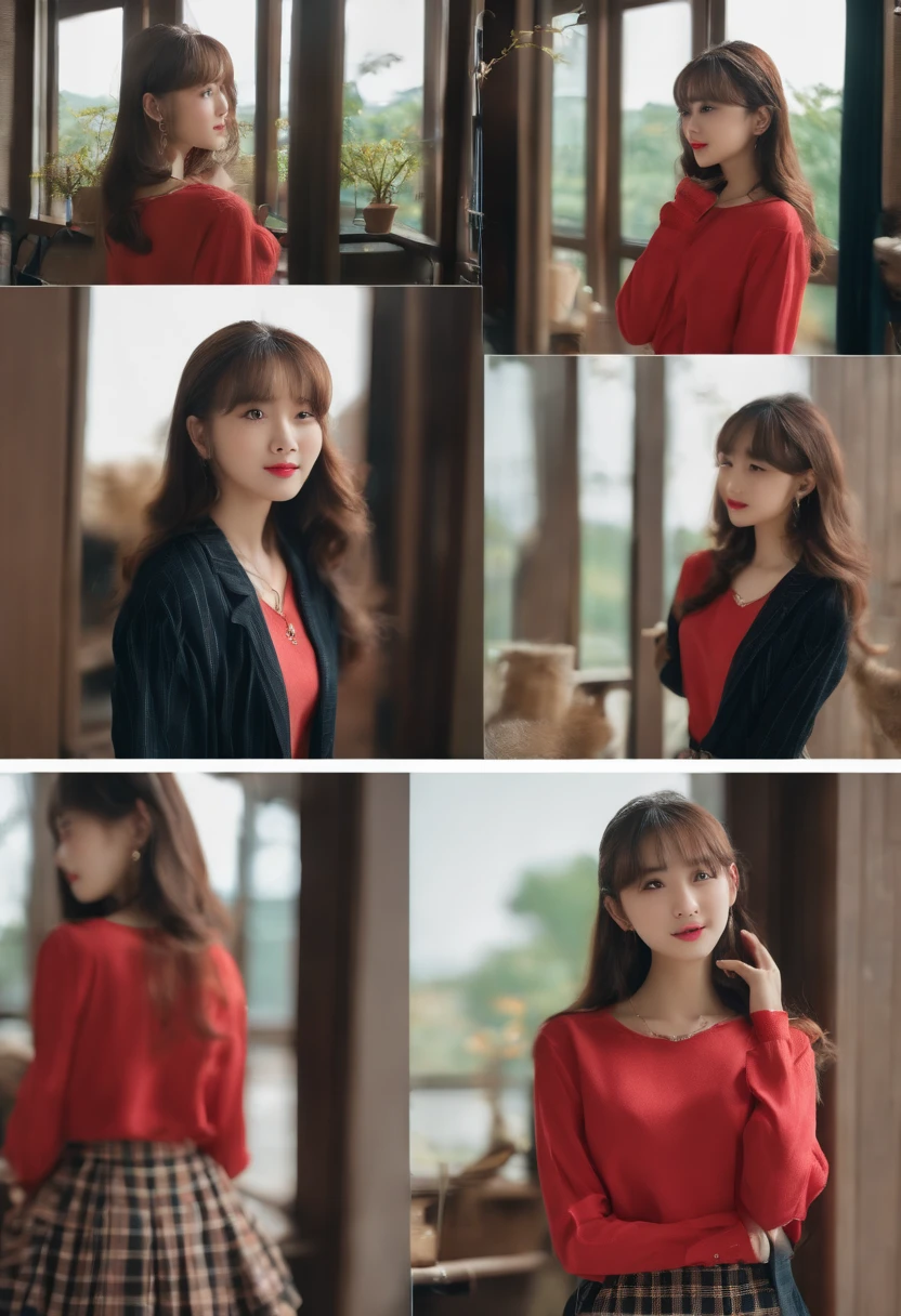top-quality, Photorealsitic, masterpiece, 8K, Hi-Res, 独奏, 1girl, (((infp young woman))),sixteen years old、full bodyesbian、(small tits), ((Look at viewers)), (look at a camera), ((Various hairstyles close to long))、Perfect straight black hair、With bangs、 (profetional lighting), Highly detailed bright face、Gentle Japan girl、Nice smiling face、Red T-shirt(long-sleeve)、Checked pleated skirt、Standing in the room
