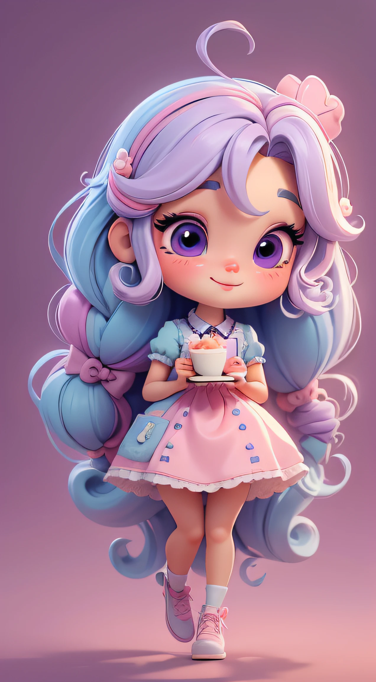 Create a series of cute chibi style dolls themed around cute cake chefs, Each has a lot of detail and 8K resolution. All dolls should follow the same cake cake wallpaper pattern,And finish in the image, Pubic Area Showing (full bodyesbian, including legs: 1.5) Cake Doll F: Call her Marina. She must have little rainbow-colored hair. Your eyes should be large and expressive, Long eyelashes and rosy cheeks. Delicate white smile. Sophie should wear colorful clothes, pastels, Lilac and purple tones and sweet details;. She should have a cake in her hand. Be sure to add details to your clothes, Such as buttons and pockets, Cute shoes Make sure to add shadows, Texture and detail of hair, The clothes ar, Cake and chocolate bar, Make them more cute and charming.