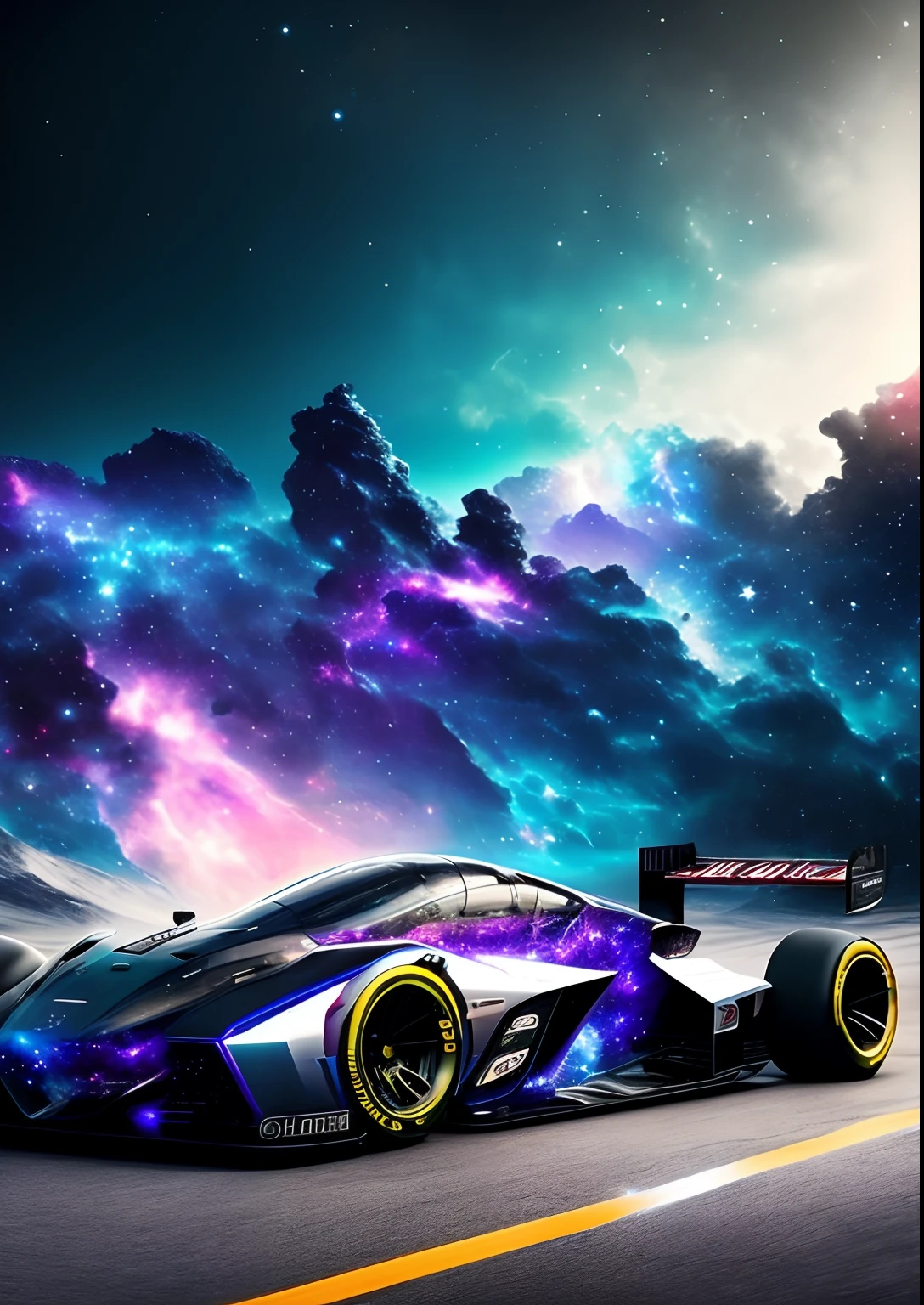 dreamlikeart, galaxy, outer space, nebula, star, [cyberpunked] Formula 1 cars from the stars. (star:1.5),