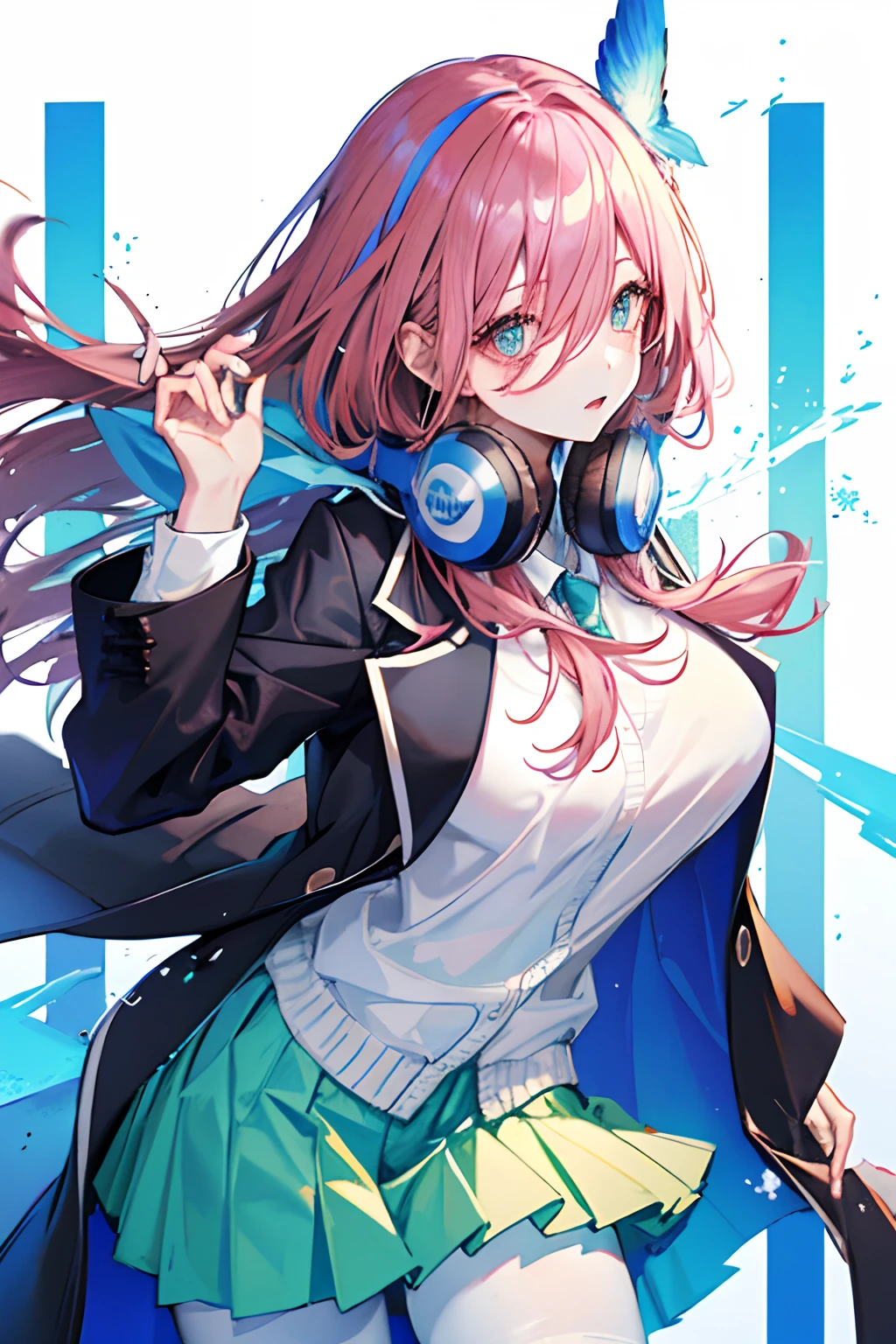 nsfw,black jacket,Cool blue and white background,blazer,blazer in white line,green skirt,white shirts,aqua sweater,black tights , headphones around neck, pinkbrown hair,long hair, hair over right eye, floating,Jig eyes,big bast,Top image quality,Masterpiece,Best Quality