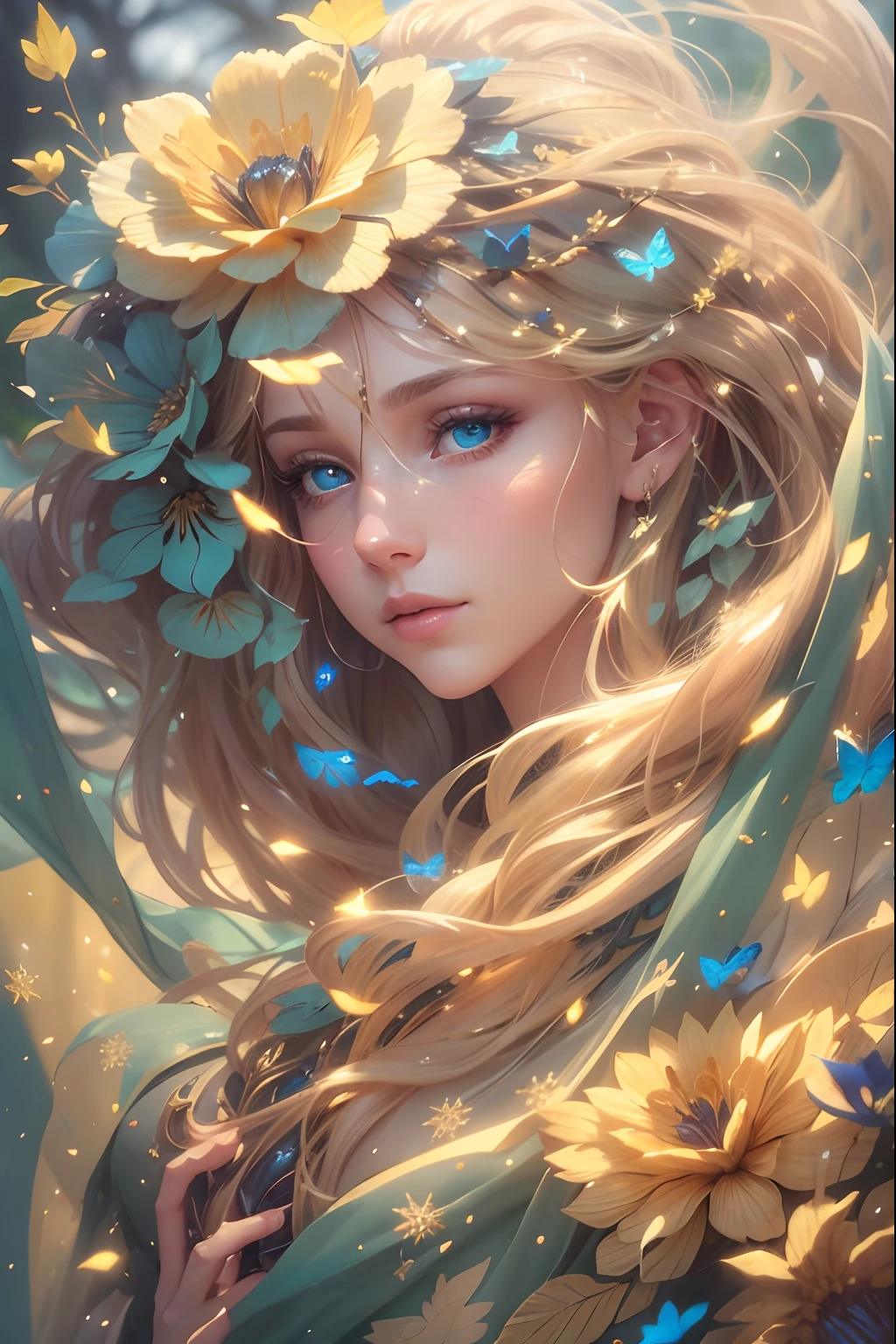 A graceful golden-haired forest queen, dew and frost, bar lighting, stands in a sunlit clearing in winter, her hair cascading down her back, as butterflies and dandelion spores flutter around her, Beautiful Woman full head-to-toe portrait, medium full shot Portrait, perfect detailed face, detailed symmetric blue-green eyes with circular iris soft natural lighting, symmetrical, natural skin texture, soft lighting, detailed face, photorealism, soft pastel colors sparkling, looking into the camera, frosty snowy background, photorealistic painting, sharp focus, 8k, perfect composition, trending on artstation, award-winning photograph, unreal engine 5, cinematic smooth, intricate detail, studio photo, highly detailed. simple background, gold filigree dress hyper-detail, gesturing to the sun, flowing golden gown, nice body, {{full body}}, Davinci, hair with dew and frost, sunlit, sparkles all over gown, and frost, hyper-detailed dress and hair, pink blue and yellow butterflies.