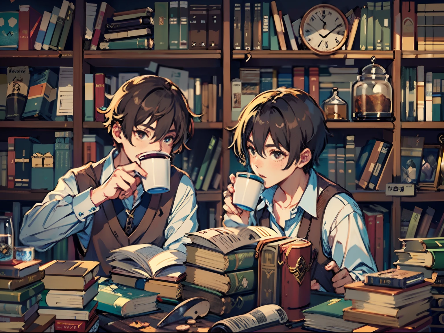 2boys,11 only、(Man's :2),A dark-haired、Brown hair、Drinking coffee、chum、Cutter shirt、Cluttered library、Twilight,Natural lighting、hightquality、masutepiece,8K,hight resolution、