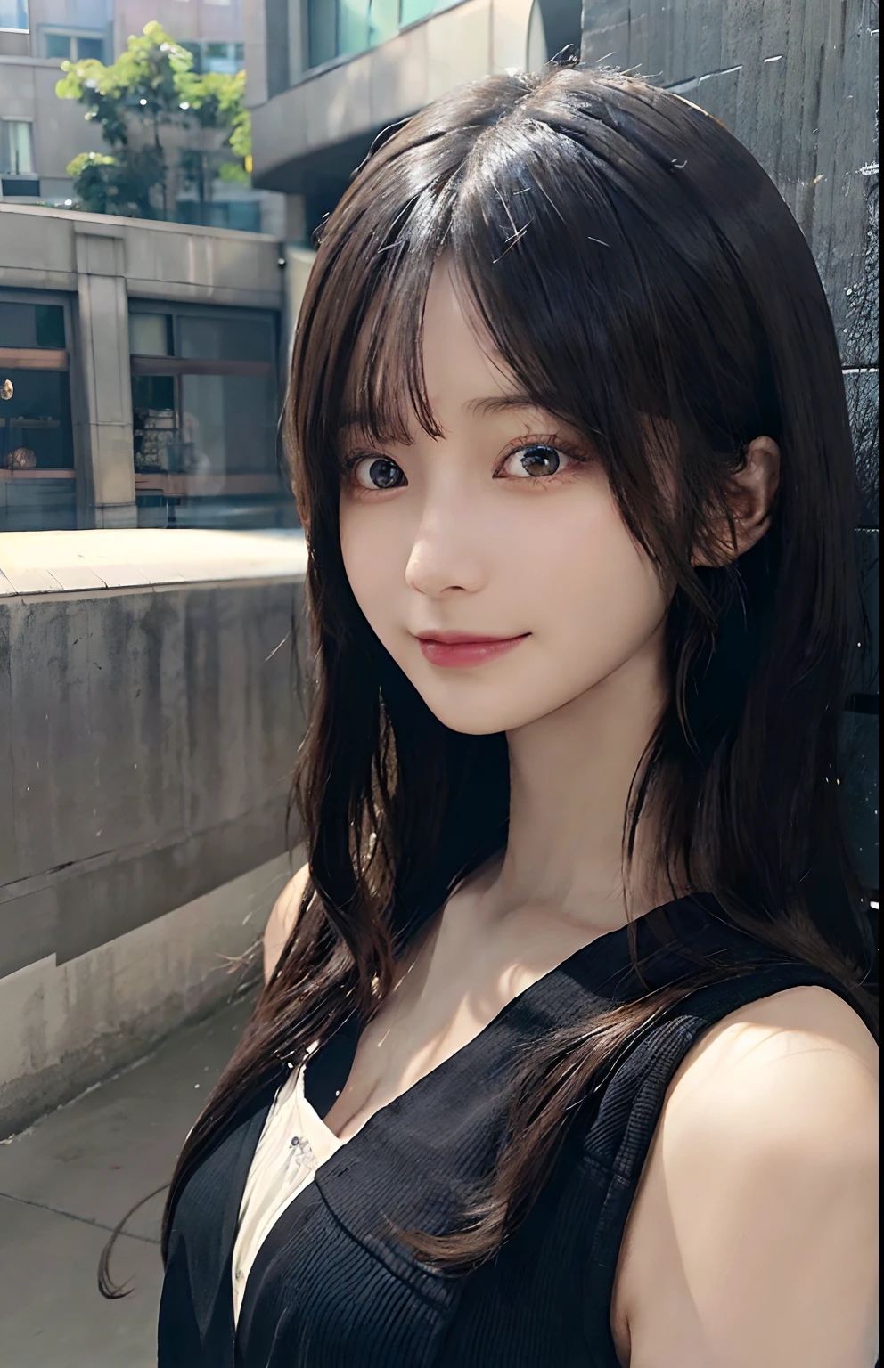 masterpiece, 1 beautiful girls, A detailed eye, Swollen eyes, top-quality, 超A high resolution, (Realistis: 1.4), OriginalPhotographs, 1Girl, 电影灯光, a smile, japanes, a asian beauty, Korean, clean, ultra beautiful, little young face, Beautiful skins, A slender, cyberpunked (A hyper-realistic), (illustratio), (hight resolution), (8K), (ighly detailed), (The best illustrations), (beautifully detailed eyes), (ultra-detailliert), (wall-paper), (详细的脸), looking at the viewers, finely detail、A detailed face、murky、deep-shadows、Unobtrusive keys、pureerosfaceace_v1、a smile、length hair、The tips of the hair are curled、46 points of diagonal bangs