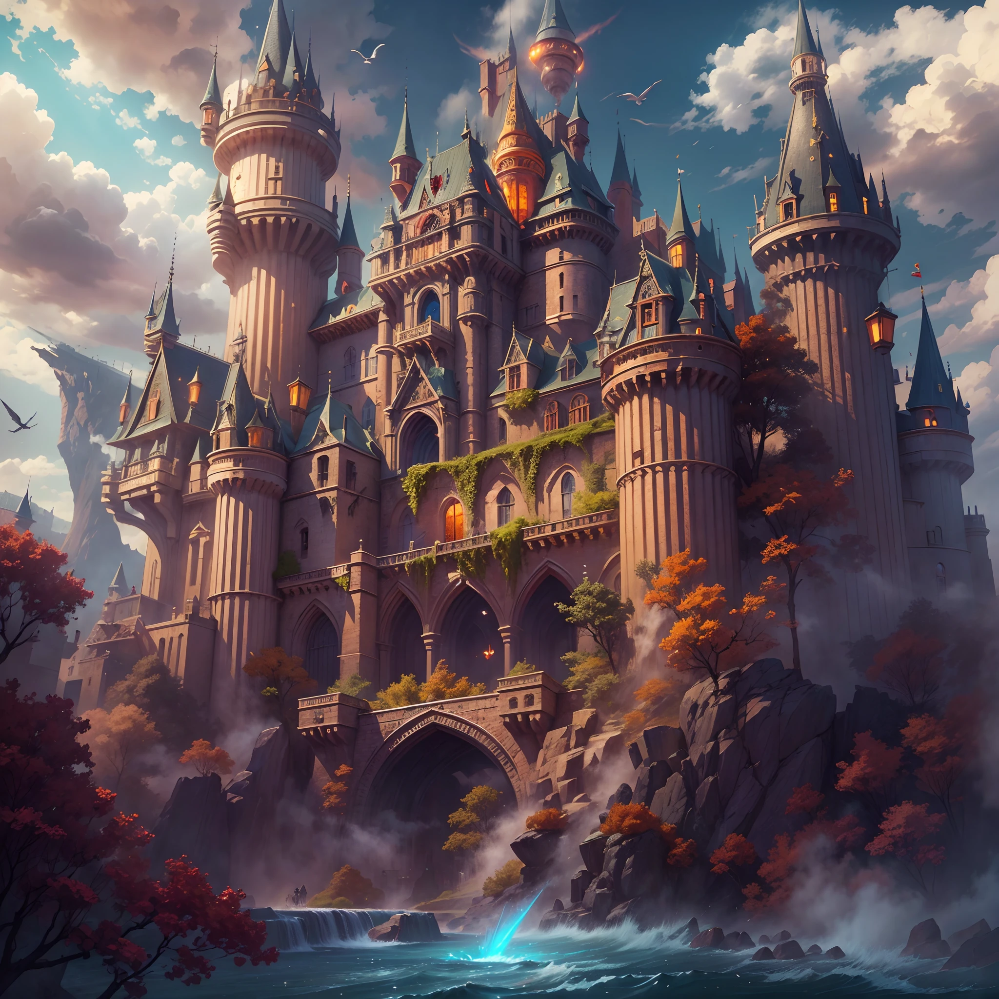 (a castle with giant thrusters) best quality, highres, ultra-detailed, realistic, concept art, vibrant colors, dramatic lighting, fantasy, flying fortress, majestic, ethereal, floating, intricate architecture, medieval, stone walls, towering spires, mystical atmosphere, clouds swirling around, birds soaring in the sky, steam rising from the thrusters, grand entrance, flags waving in the wind, magical glow, hidden chambers, secret passages