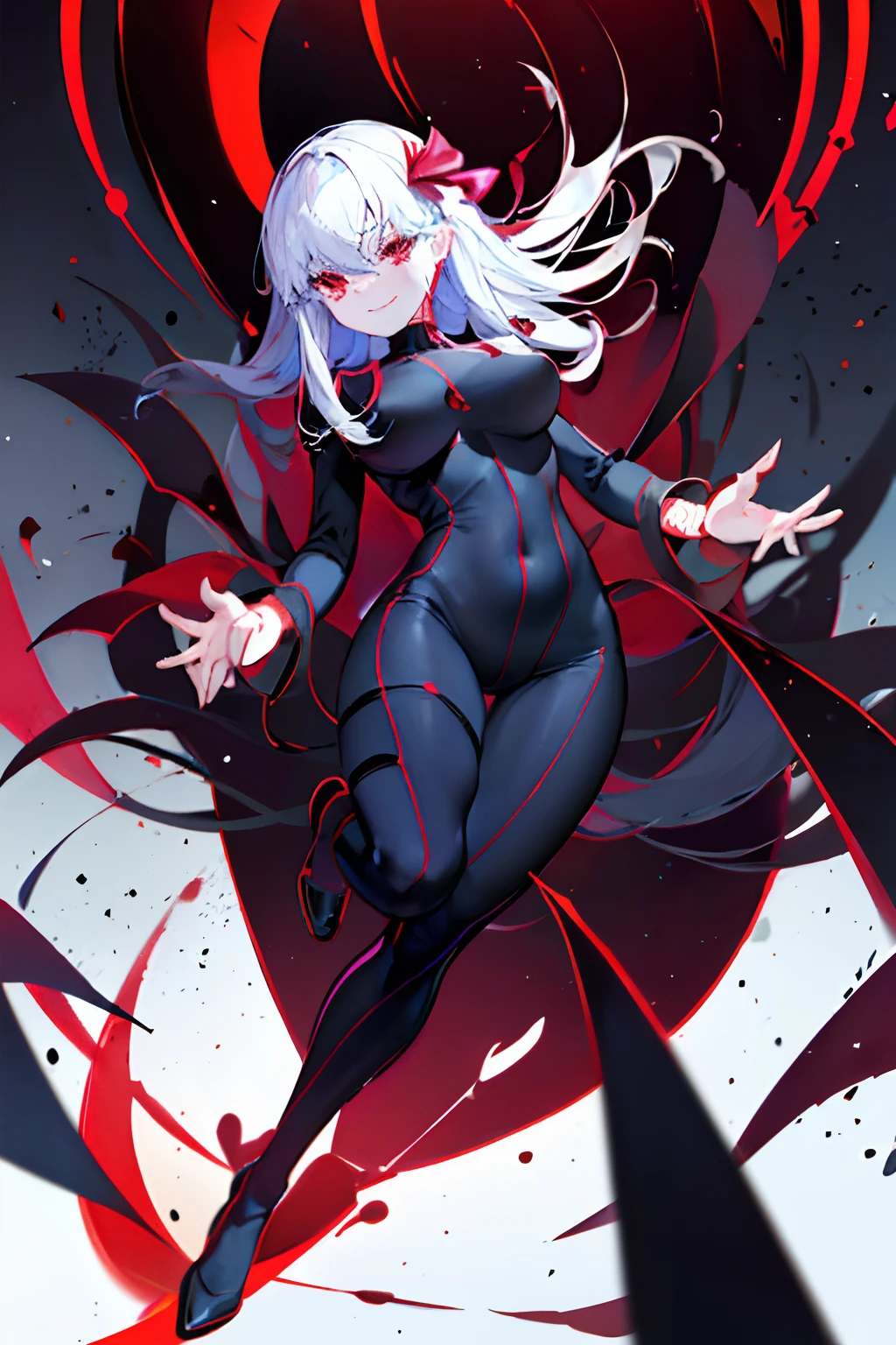 Black full body suit　Red lines all over the body　3  girl　seductiv　a smile　succubus　look behind