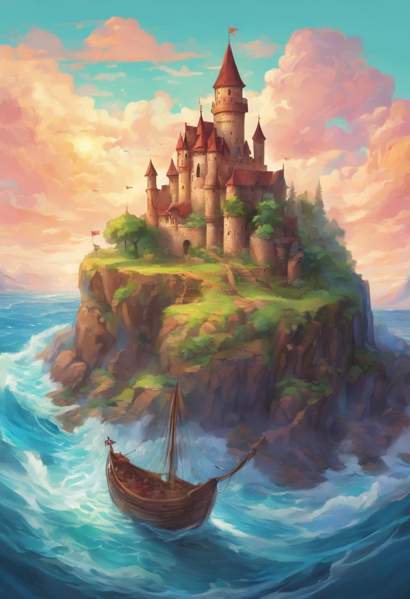 castle, in a big animal back, moving gracefully, in the sky, water, ocean