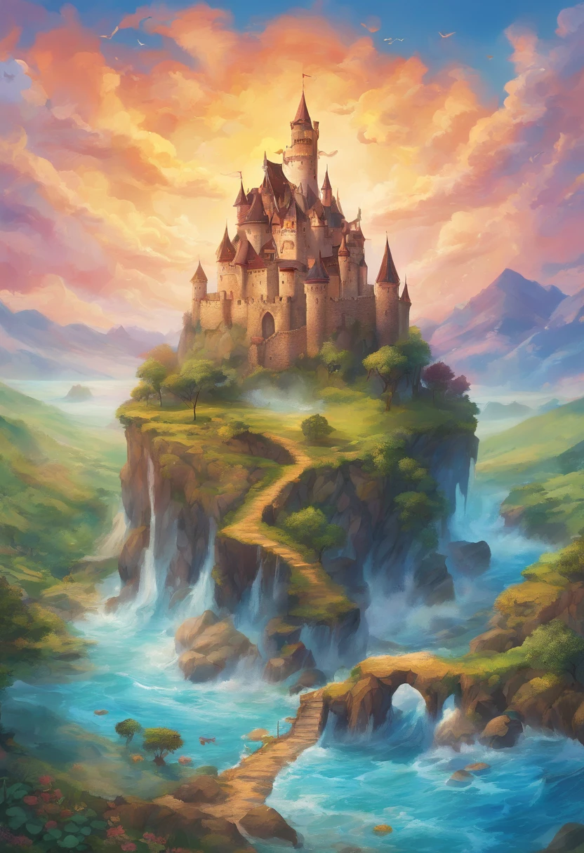 castle, in a big animal back, moving gracefully, in the sky, water, ocean