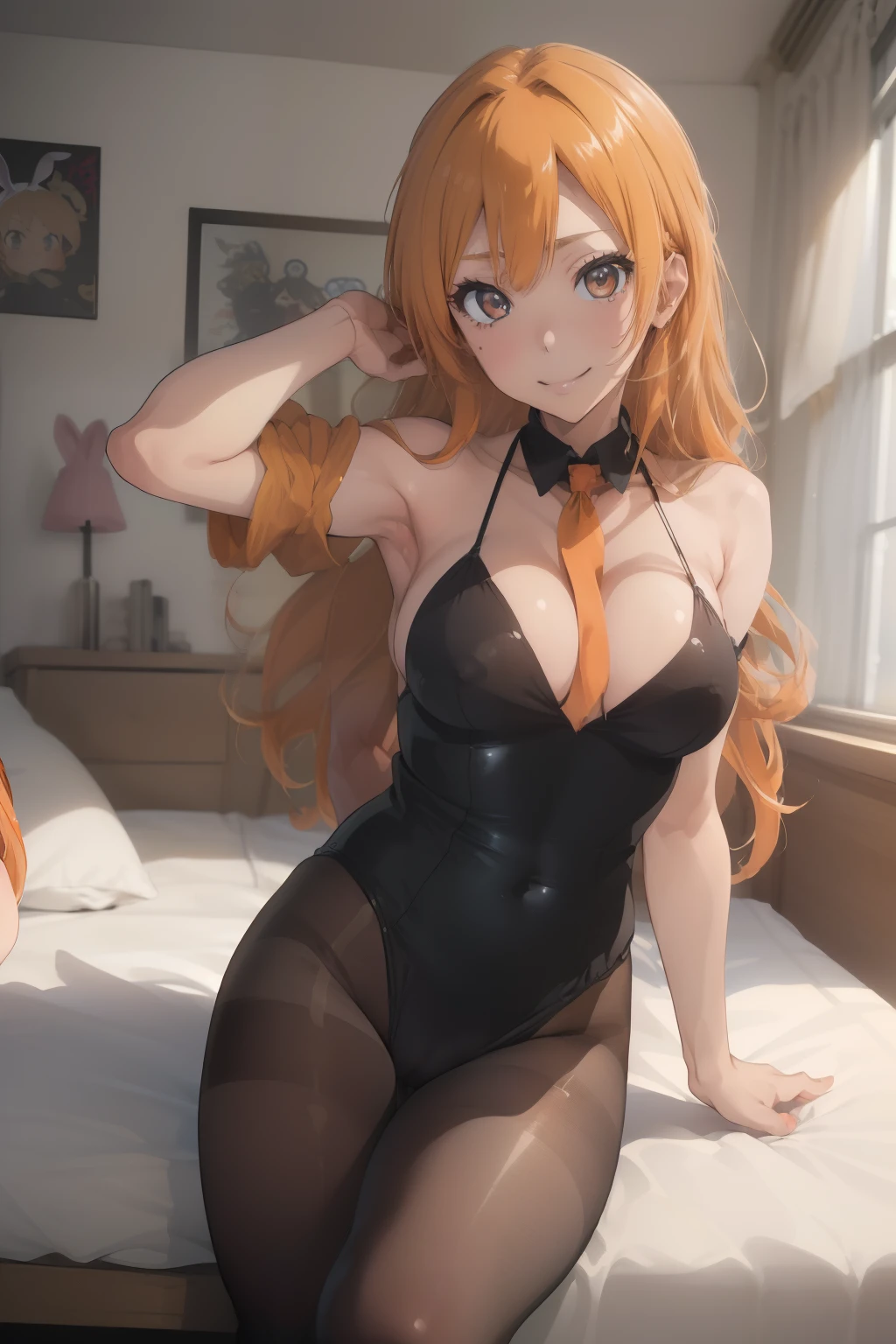 (masterpiece、top-quality、top-quality、Beautifully Aesthetic:1.2)、ighly detailed、highestdetailed、grey eyes、orange color hair|Semi-long blonde hair、((bunnygirl))、(pantyhose)、Matsumoto Rangiku、graffiti art、Look at the viewer、A smile、Bedroom、on the beds、((Neck and shoulders bare))