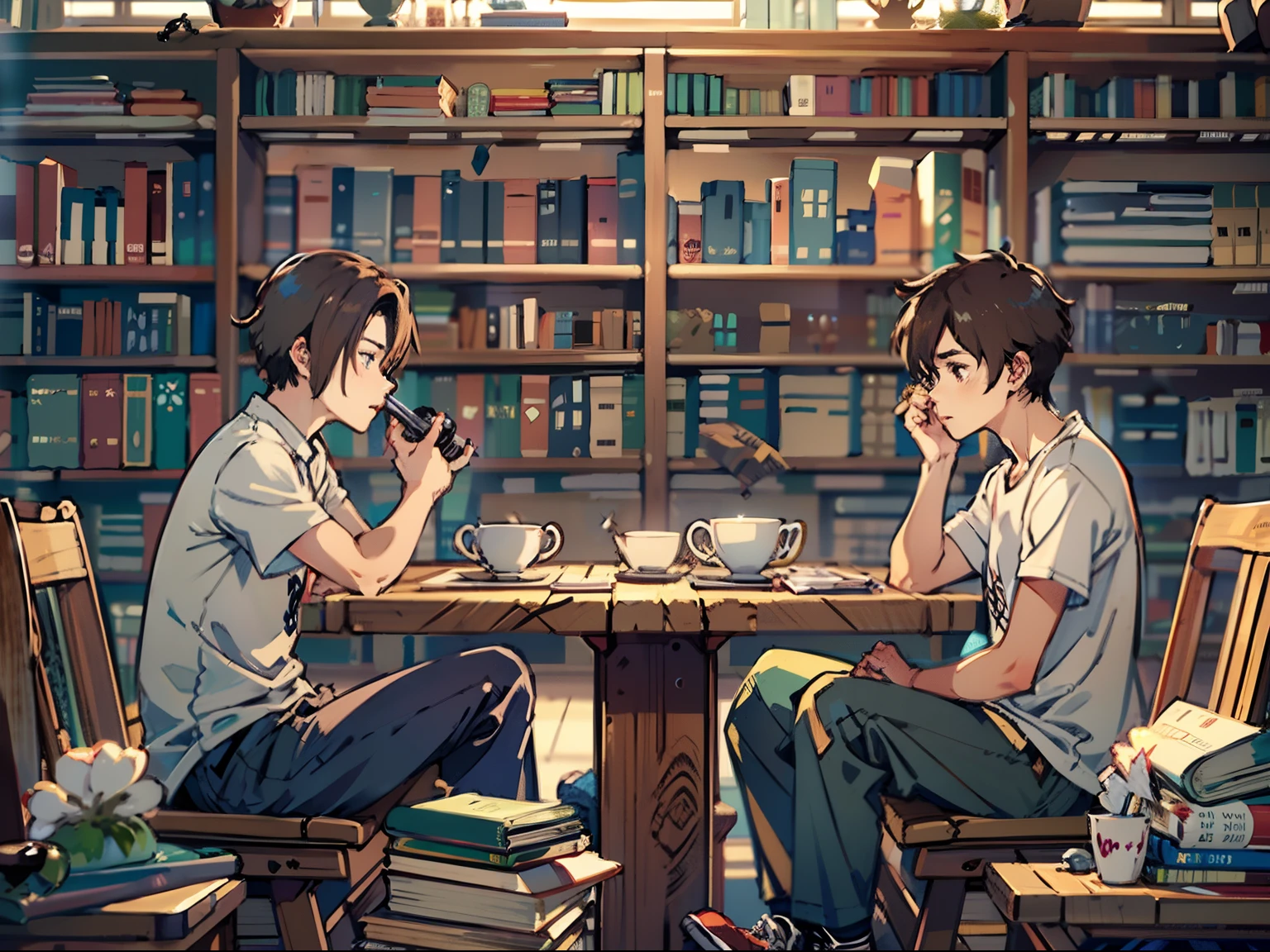2boys,11 only、(Man's :2),A dark-haired、Brown hair、Drinking coffee、chum、Cutter shirt、Cluttered library、Twilight,Natural lighting、hightquality、masutepiece,8K,hight resolution、