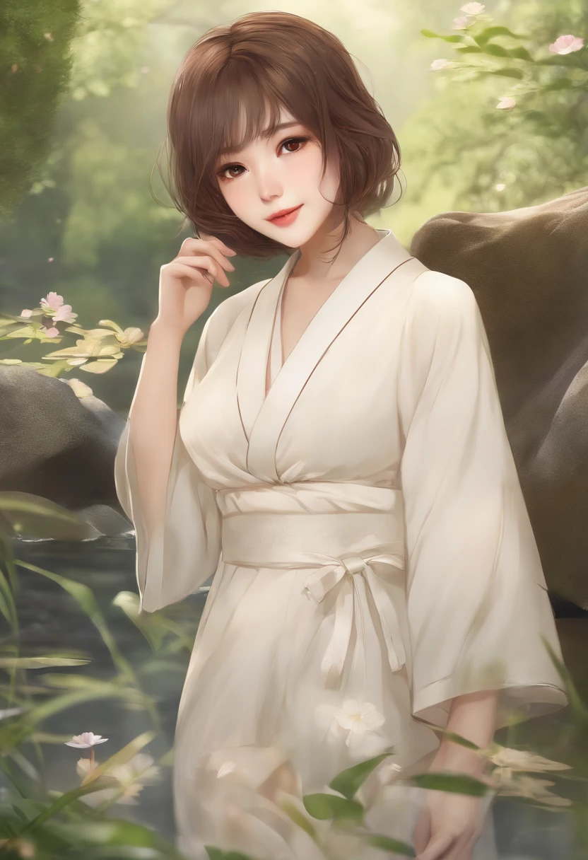 Brown hair、Disheveled hair with short cuts、japanes、Ear-chan Style、12-year-old girl、Looking here、Kamimei、nudde、A slender、爆乳、Hot spring background、realisitic、date