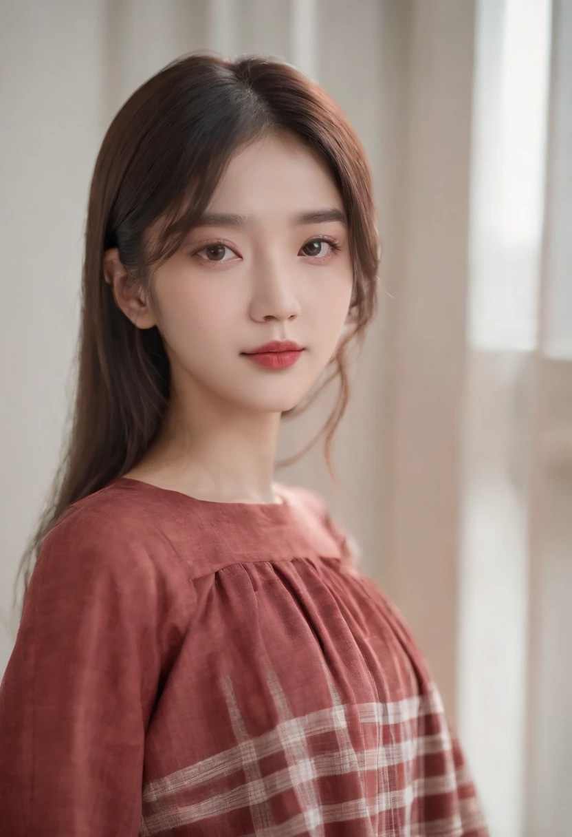 top-quality, Photorealsitic, ​masterpiece, 8K, Hi-Res, 独奏, 1girl, (((infp young woman))),sixteen years old、full bodyesbian、(small tits), ((Look at viewers)), (look at a camera), ((Various hairstyles close to long)）、Perfect straight black hair、With bangs、 (profetional lighting), Highly detailed bright face、Gentle Japan girl、Nice smiling face、Red T-shirt（long-sleeve）、Checked pleated skirt、Standing in the room