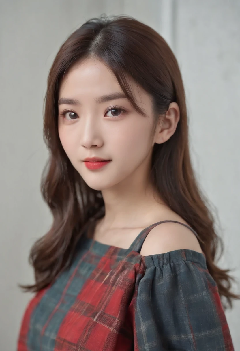 top-quality, Photorealsitic, ​masterpiece, 8K, Hi-Res, 独奏, 1girl, (((infp young woman))),sixteen years old、full bodyesbian、(small tits), ((Look at viewers)), (look at a camera), ((Various hairstyles close to long)）、Perfect straight black hair、With bangs、 (profetional lighting), Highly detailed bright face、Gentle Japan girl、Nice smiling face、Red T-shirt（long-sleeve）、Checked pleated skirt、Standing in the room