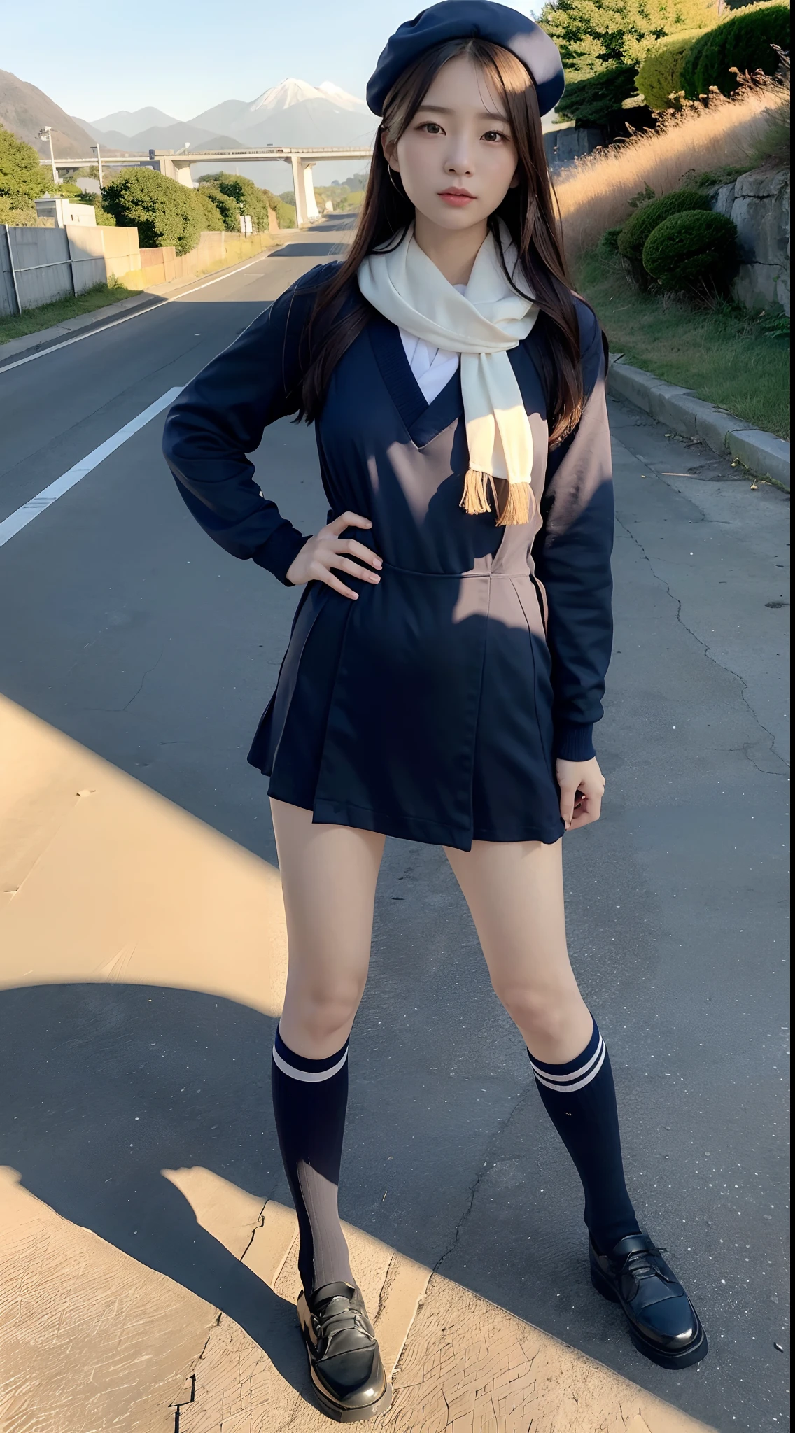 mix4, (16 K, Raw photography, Top image quality, masterpiece: 1.45), (realisitic, Photorealsitic: 1.37), one girls, 7.5, etc、Random hairstyle、Standing figure,Morning time slot、a very cute,countryside view,, profetional lighting, photon maping、physically-based renderingt, Gradient dark brown hair,Crisp backgrounds and high resolution, a handsome, Well-groomed and beautiful eyes、Large double eyelids、Very shiny、girl with, (((student clothes、Winter clothes、Sailor suit worn by Japan schoolgirl、Navy blue sailor color、scarf、a miniskirt, Small beret、high socks、lowfers))), Top Quality Photos, hight resolution, 1080p, (clearface), (Detailed face description), (Detailed hand description), (masterpiece), (Exquisite CG)、extreme light and shadows、dishevled hair、master work、abundant detail、(Fine facial features)、(top quality photo)、(masuter piece)、(A detailed eye)、Look in front of you、Fine clavicle、((Slender big))、(((Japan schoolgirl in sailor suit)))、((Idle system))、((country、train track、railroad crossing、Mountains in the distance々))、(((neat and cute)))、耳Nipple Ring、A big smile、Drawing the whole body from the knees、Do not draw nasolabial folds、(((Long sleeve sailor suit)))、(Big breasts that hang down big:1.2)、Big buttocks with tension、Two arms and two legs、(((from the front side:0.3)))、bare hand、No mask、No skin exposure