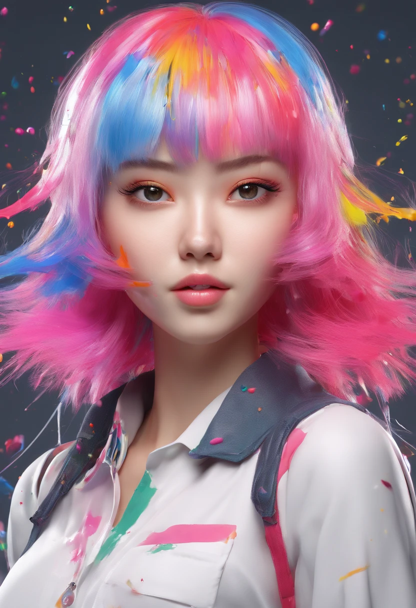 (Masterpiece, Best Quality, High Resolution), White Background, ((Paint Splash, Color Splash, Splash of Ink, Color Splash)), Sweet Chinese Girl, Rainbow Hair, Pink Lips, Front, Upper Body