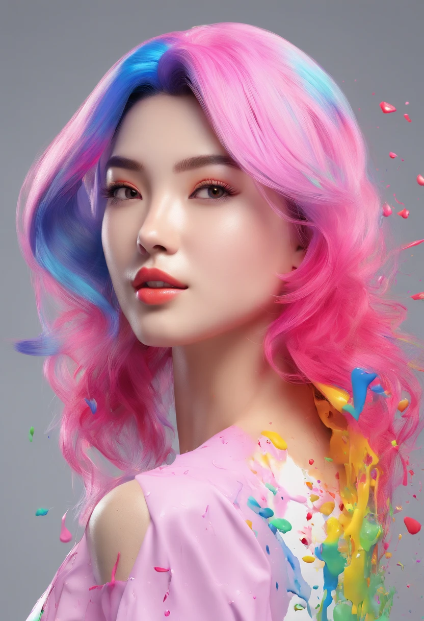 (Masterpiece, Best Quality, High Resolution), White Background, ((Paint Splash, Color Splash, Splash of Ink, Color Splash)), Sweet Chinese Girl, Rainbow Hair, Pink Lips, Front, Upper Body