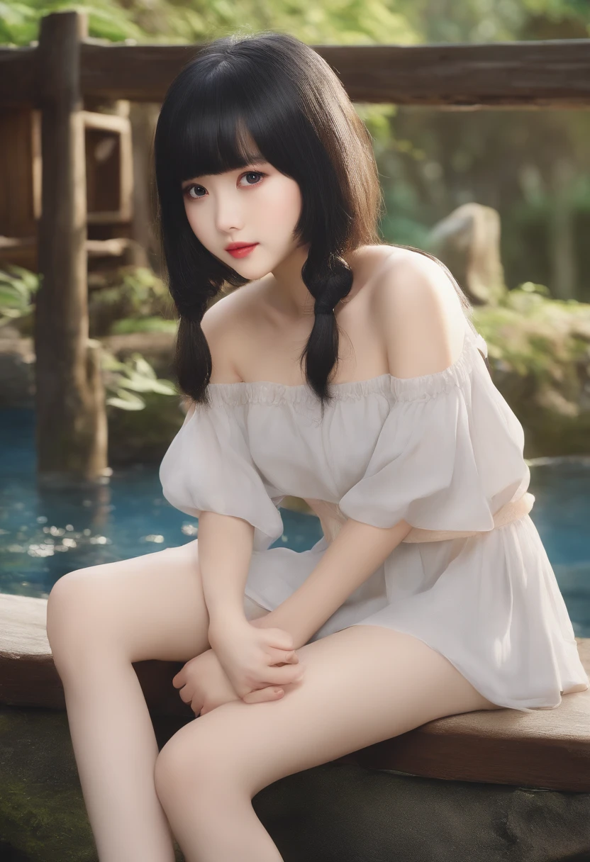 Black hair、Disheveled hair with short cuts、japanes、Ano-chan Style、-yeld giLooking here、Kamimei、nudde、A slender、爆乳、Hot Spring Background、realisitic、date