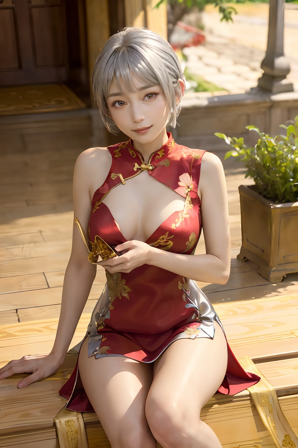 ((top-quality、8K、masterpiece:1.3)), (Cute pattern of gold leaf, Delicate workmanship:1.4), (Red cheongsam:1.6), Clear, Fine-grained skin、Beautiful clear eyes、cleavage of the breast、Carefree and natural smile、(a pixie cut,Silver hair:1.5)、(Hair disheveled in the wind:1.3)、、Beautiful girl with a smile、(thin-waist:1.3)、(Dynamic and provocative poses:1.2)、