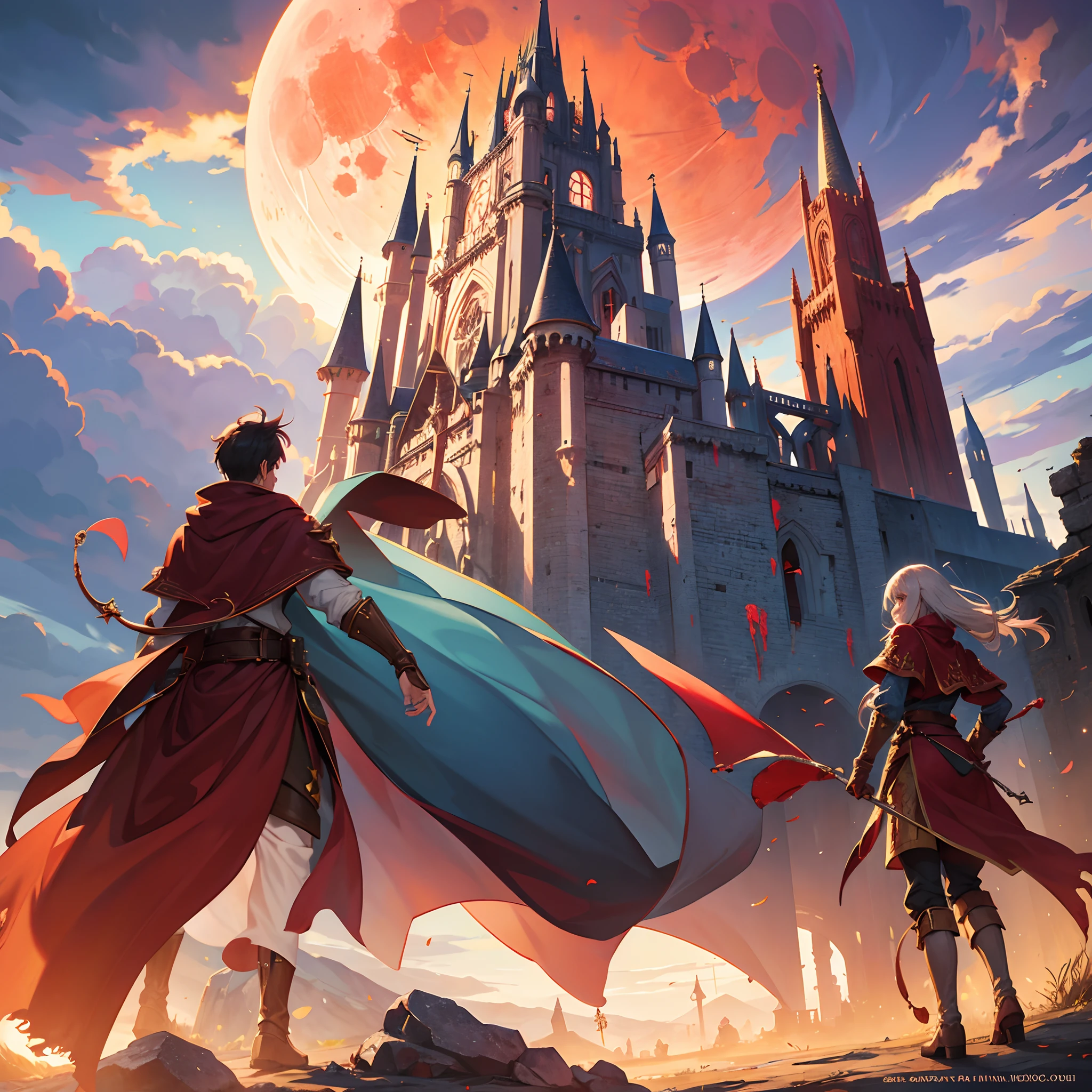 2d,castle,3moon,adventurer (fighting),blood moon,(very wide open landscape),4k,colorfull,masterpiece,detailed,