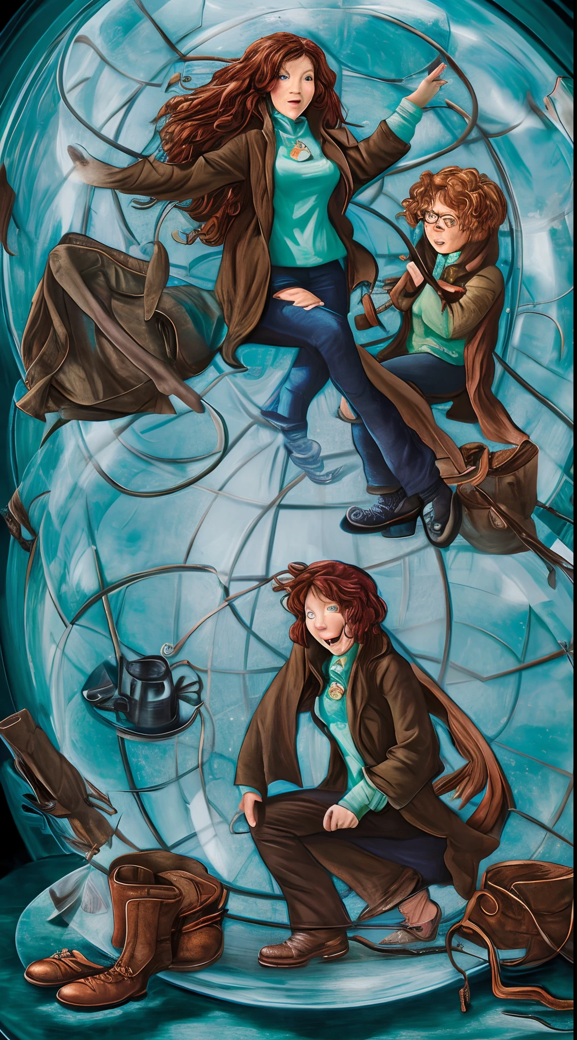 Gina Weasley de camisa verde, jaqueta preta, Denim Jeans Pants, brown and levitated shoes lying on a glass dome