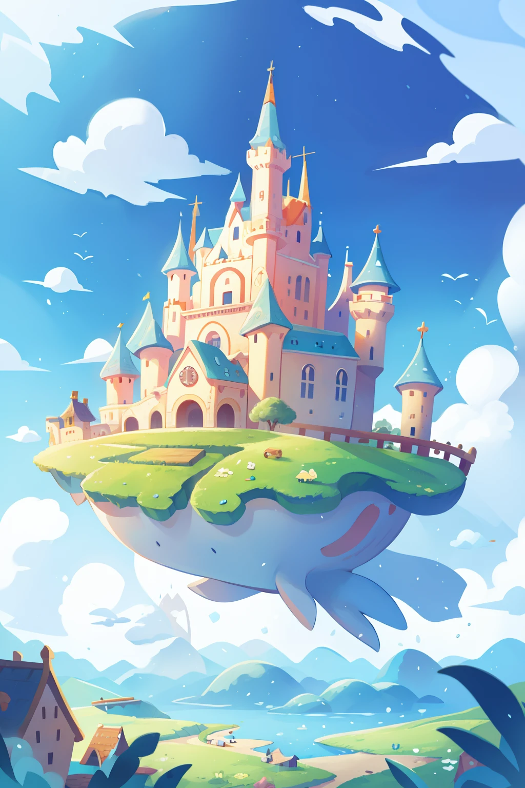 Draw a castle on a whale in the clouds，The background is a castle, lie on white clouds fairyland, dreamlike illustration, floating city on clouds, sky whales, A beautiful artwork illustration, in the white clouds fairyland, floating lands in-clouds, blurry and dreamy illustration, flying cloud castle, whimsical fantasy landscape art, upon the clouds,8K Ultra HD resolution。