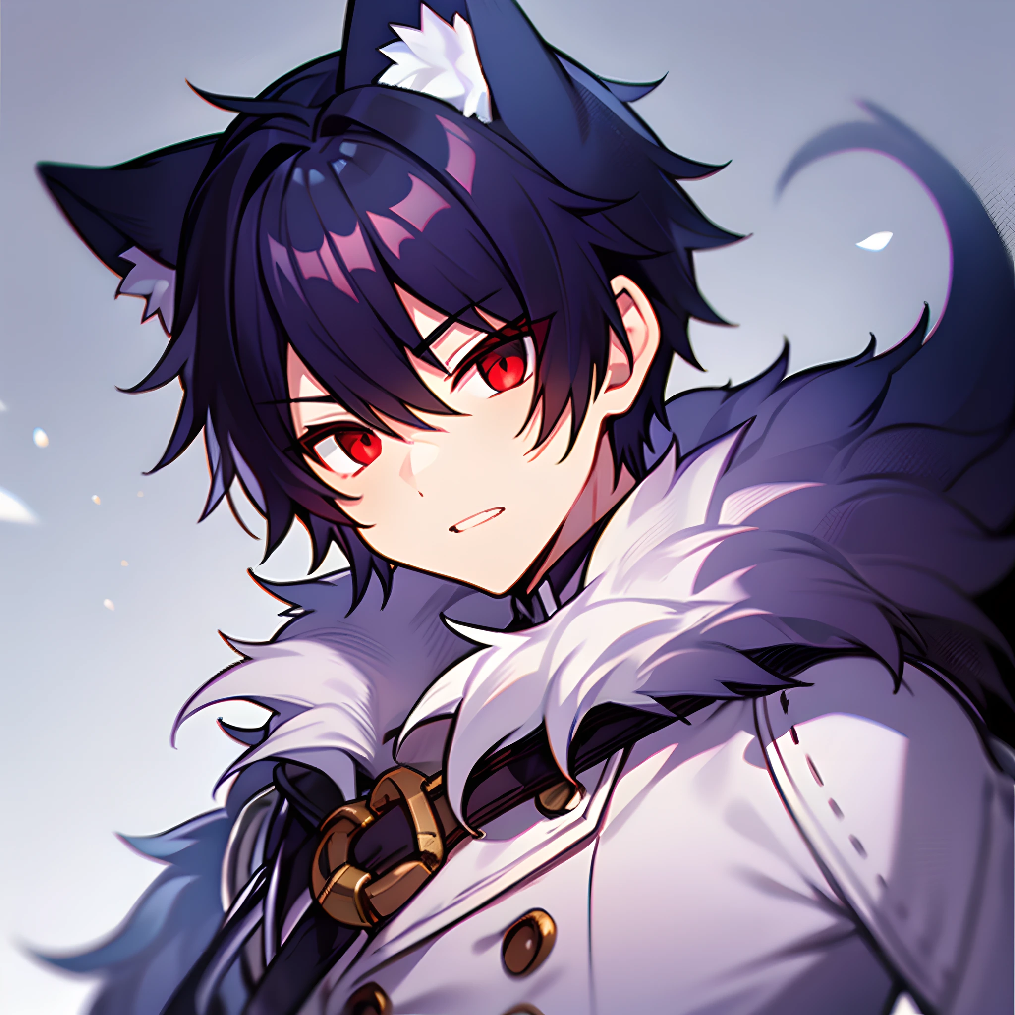A boy with short fluffy black hair and red eyes, with a wolf-like characteristics,