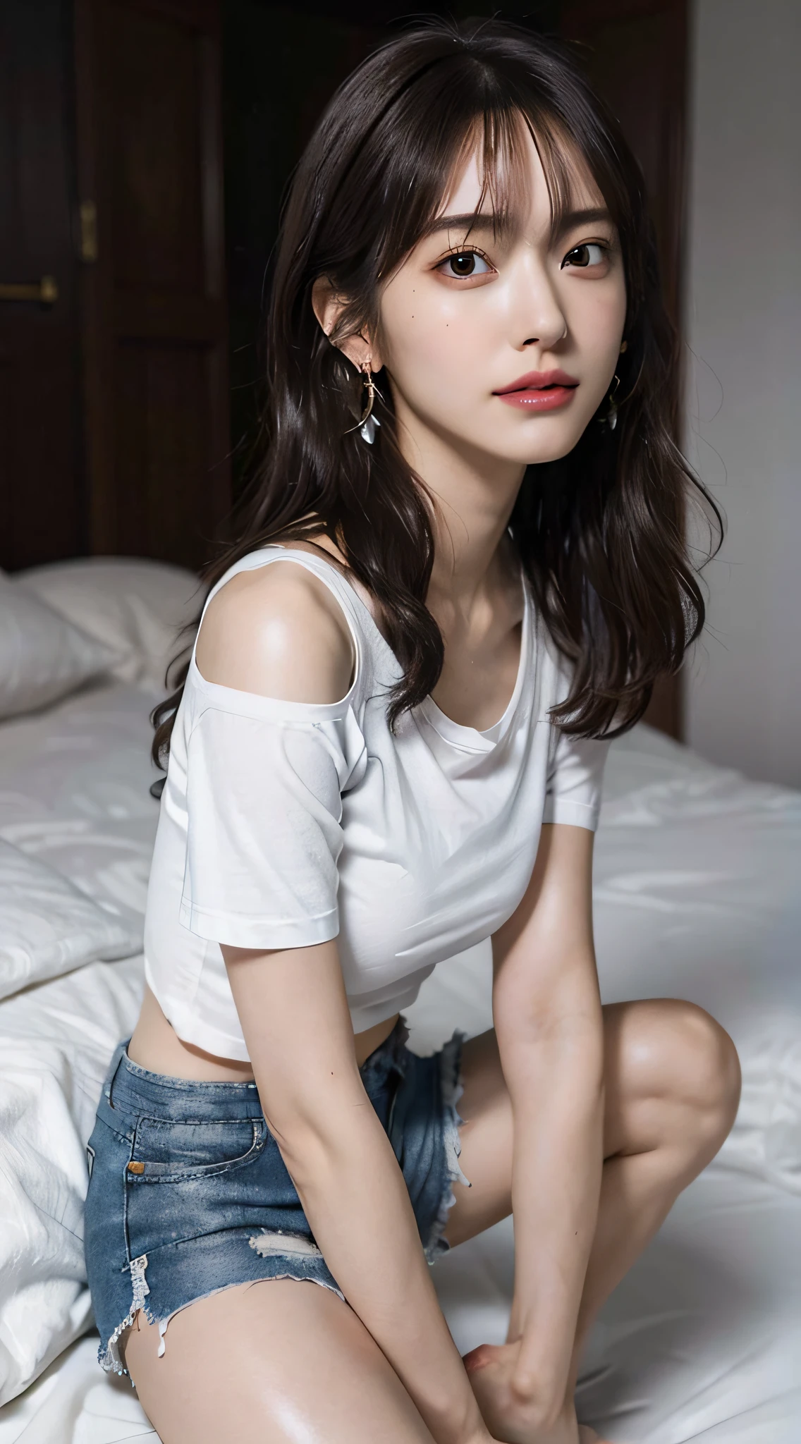 (very huge round breasts:1.6), (full body:1.3), (white bronze hair:1.3), ( t-shirt in small shorts:1.4), (wet:1.2), extremely delicate and beautiful, masterpiece, Best Quality, ultra high resolution, 16k, Photorealistic, ultra-detailed, Very detailed CG 8k wallpaper, Beautiful Lighting, Perfect Lightning, Realistic Shadows, anatomically correct, Detailed shiny skin, perfect figure, Latino, late 20s, Slim body, Slim abdomen, small head, handsome detailed woman, very detailed eyes and face, realistic face proportions, Stunning detailed eyes, Realistic small beautiful face, Realistic small beautiful eyes, double eyelids, makeup, tearful mole, mole on chest, earring, short wavy hair, cleavage, bare legs, Soft midriff, Fine Collarbone, beautiful and very thin legs, beautiful and very thin thighs, bare shoulders, bare legs, at hospital