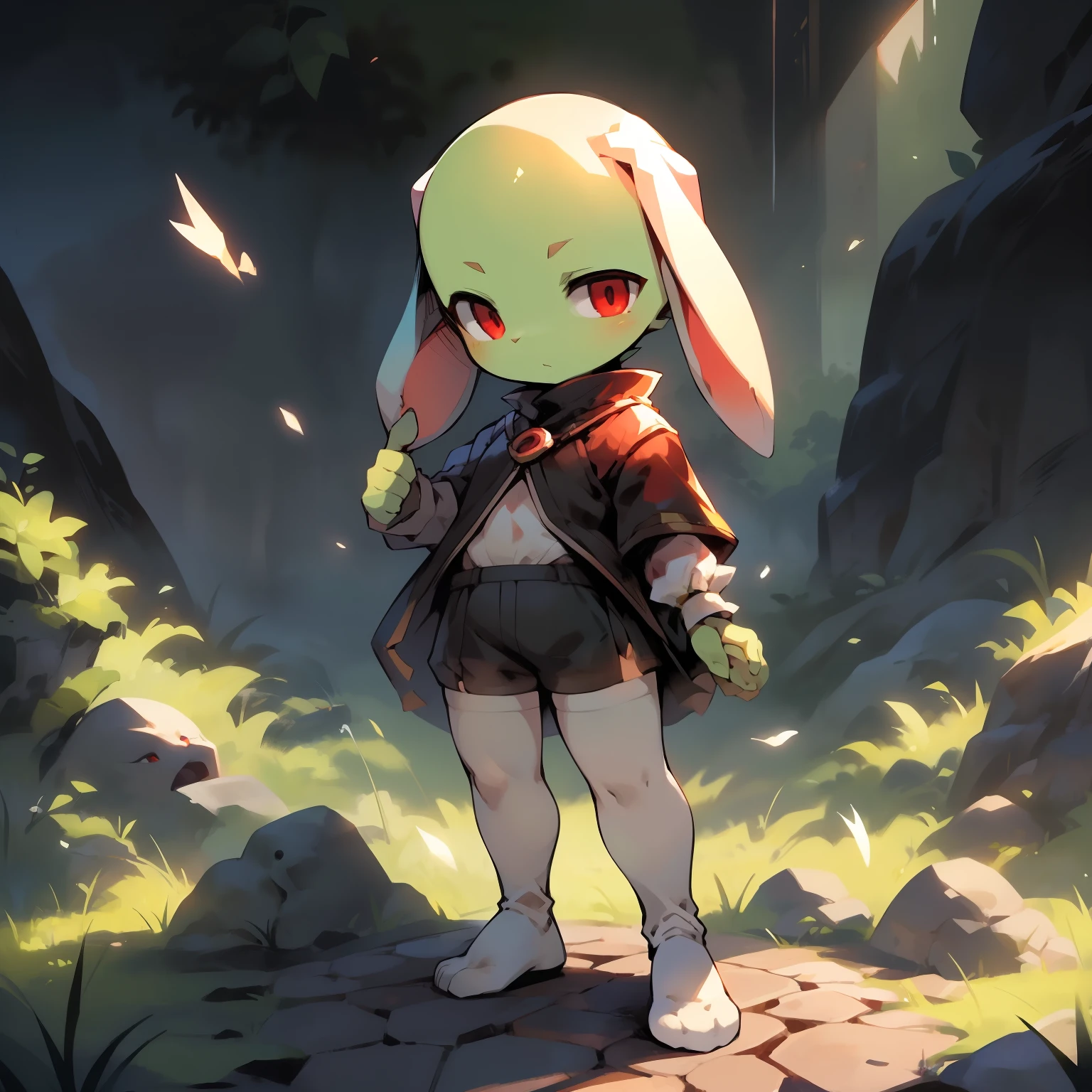 Best quality,Masterpiece,((byself)),Black top,Black shorts,(white stockings),(White knee-length socks),Stand on a stone slab,(Short stature),(bit girl),((The bald head has no ears,rabbit Facial Features,rabbit Body Features)),((Erect ears)),red eyes,(bunny tail),(Pale green body hair,Light green legs),(Rabbit feet),alleys,