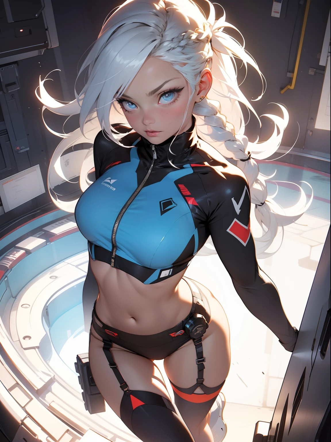 ((Best quality)), ((masterpiece)), (detailed: 1.4), (Absurd), War-ready female fighter pilot with military bikini, Marine, dark skin, defined sculpted body, full body, bare thighs, closed mouth, cyberpunk, semi naked, generous neckline, ((perfect medium breasts)), (super light blue eyes without pupils), (((military camouflage bikini)), (((white hair with braid)))), long eyelashes heavy makeup, garter belt, by mucha, niji --V5, close to real, psychopathic, perfect face, sexy pose, background with a giant head, 2 piece clothing, pastel, centered, scale to fit the dimensions, HDR (High Dynamic Range),Ray Tracing, NVIDIA RTX,Super-Resolution,Unreal 5,Subsurface Dispersion, PBR Texture, exposed belly, Post-processing, Anisotropic filtering, Depth of field, Maximum clarity and sharpness, Multilayer textures, Albedo and specular maps, Surface shading, Accurate simulation of light-material interaction, Perfect proportions, thigh gap, Octane Render, Two-tone lighting, Wide aperture, Low ISO, White balance, Rule of thirds, 8K RAW, bright crysisnanosuit bikini, thigh gap, nice hips, bikini panties, perfect legs, synthwave bikinis, bare arms