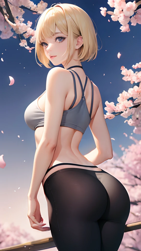 Unparalleled beauty, Glossy and firm skin, Bangs on both sides, loose and very short blonde hair, High resolution blue eyes, Beautiful and nice girl,Moon Night,Gentle smile,Tank tops,grey leggings,Under the cherry tree,Cherry blossom petals fluttering in the wind、Back and buttocks