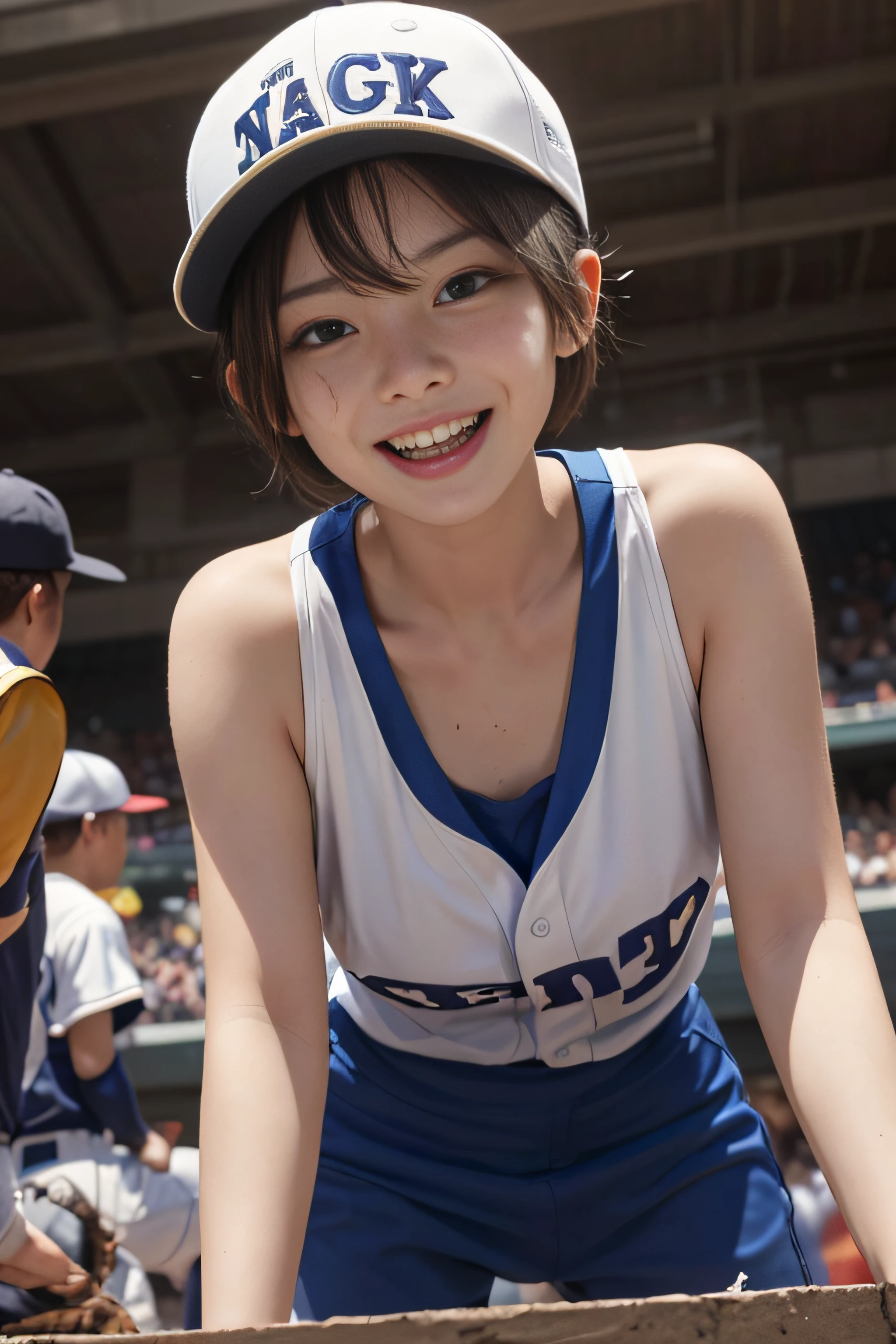 Pubic hair grows、Smile full of happiness、((()))、、、Panting face、Lacking、After being attacked、Sweating、Expression in a state of excitement、short-hair、eye glass、all-fours、Looks Back、View from diagonally behind、Baseball Costumes、(((The lower part of the body is bare)))、New York Baseball Caps