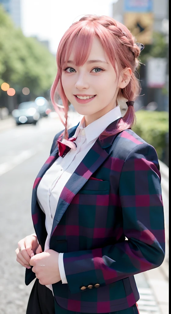 (ultra-detailliert), Tartan check jacket,high-school uniform、Blue eyes,The upper part of the body、cowboy  shot、faces、(A smile:1.5),(facing front:1.2), 20yr old, teens girl,no tail,(no tail),2D, ​masterpiece, top-quality, animesque, A detailed eye, A detailed face, girl with, Only 1 person,Medium hair with pink hair, (Pink hair),  Ear Hair, small tits, Single braid, (Single braid), (Side braid), Pink ribbon, Ribbon around the neck, Background bokeh